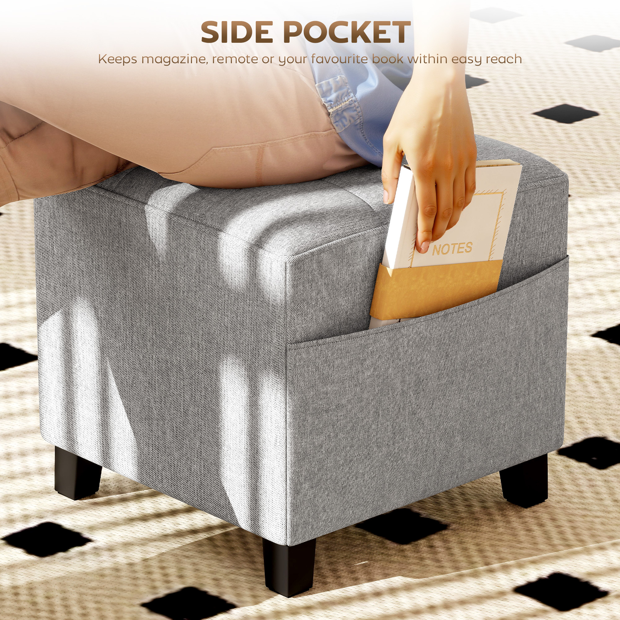 HOMCOM Square Footstool, Small Ottoman with Side Pocket, Linen Fabric Footrest Foot Stool with Rubber Wood Legs and Padded Seat for Living Room, Bedroom, Entryway, 35 x 35 x 35cm, Light Grey 5