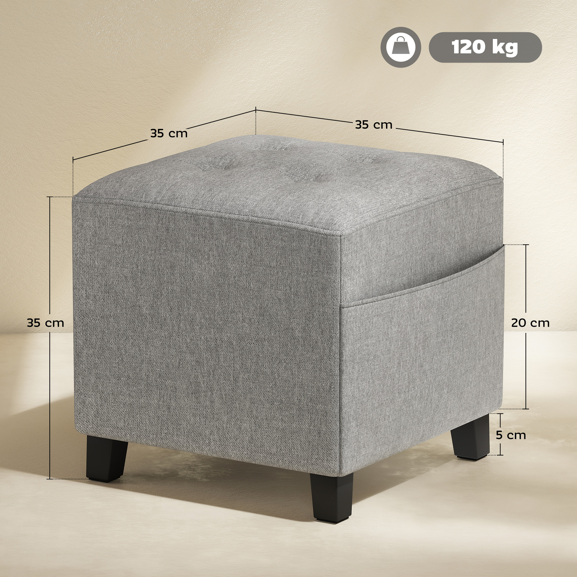 HOMCOM Square Footstool, Small Ottoman with Side Pocket, Linen Fabric Footrest Foot Stool with Rubber Wood Legs and Padded Seat for Living Room, Bedroom, Entryway, 35 x 35 x 35cm, Light Grey 3