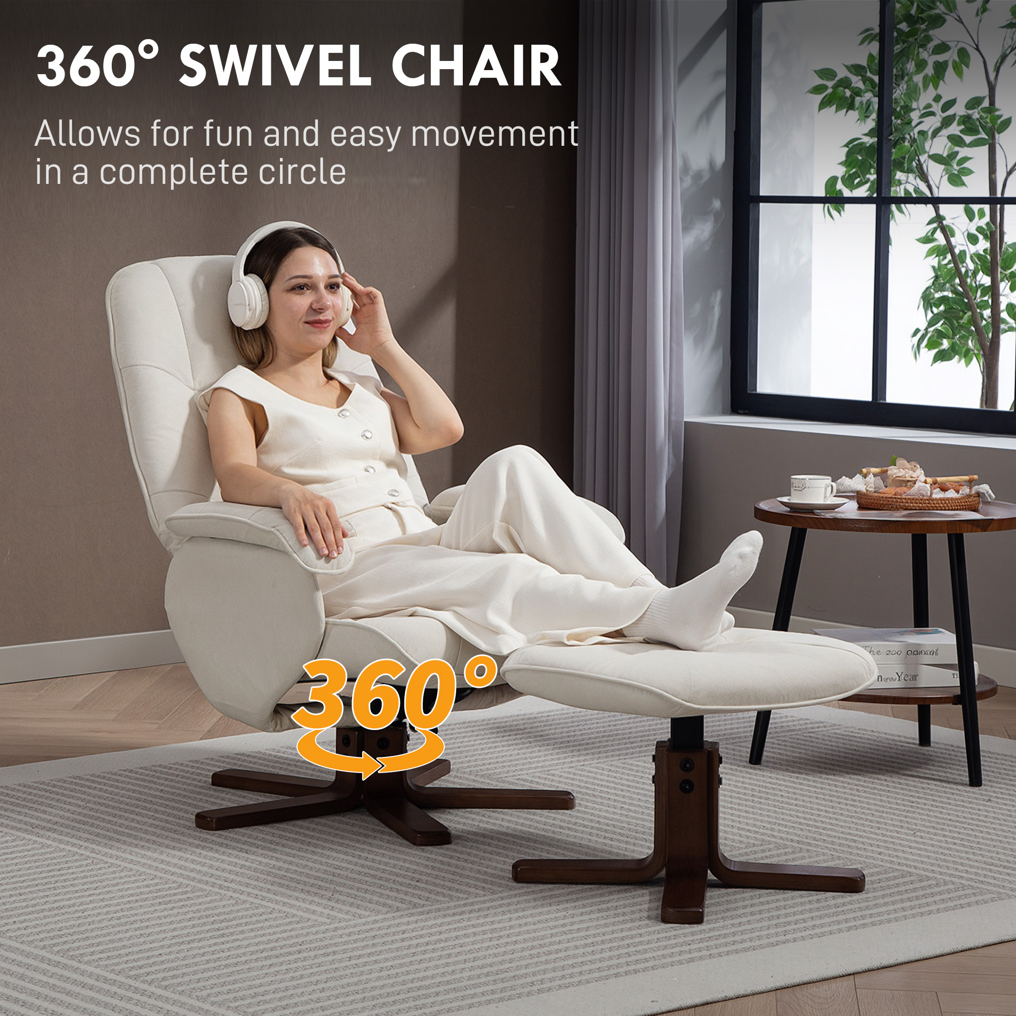 HOMCOM Linen Swivel Recliner Chair with Footstool, Upholstered Reclining Armchair with Wooden Base for Living Room, Beige 5