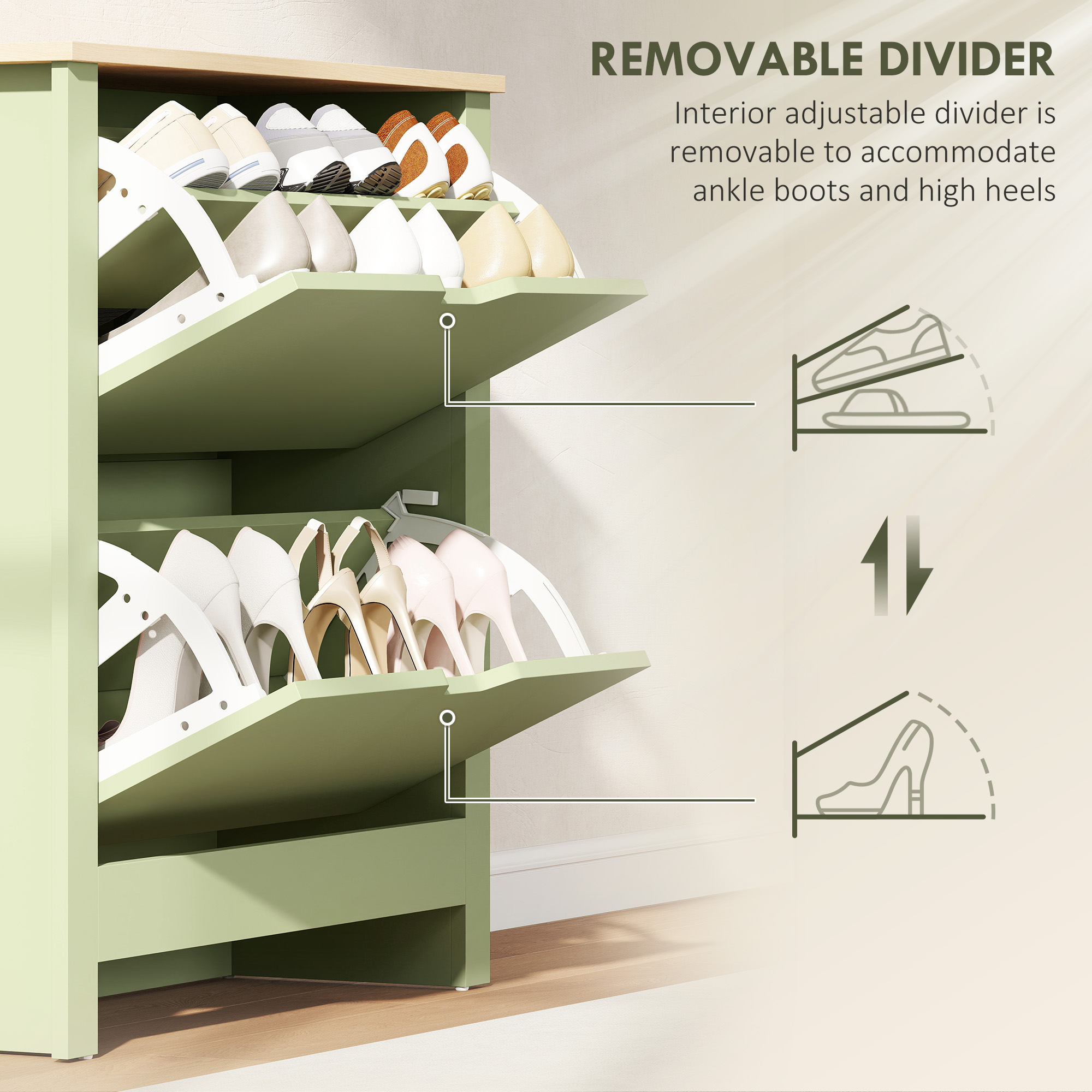 HOMCOM Slim Shoe Cabinet, Narrow Shoe Cupboard with 2 Flip Drawers, Adjustable Shelves for 12 Pairs of Shoes, Green 6