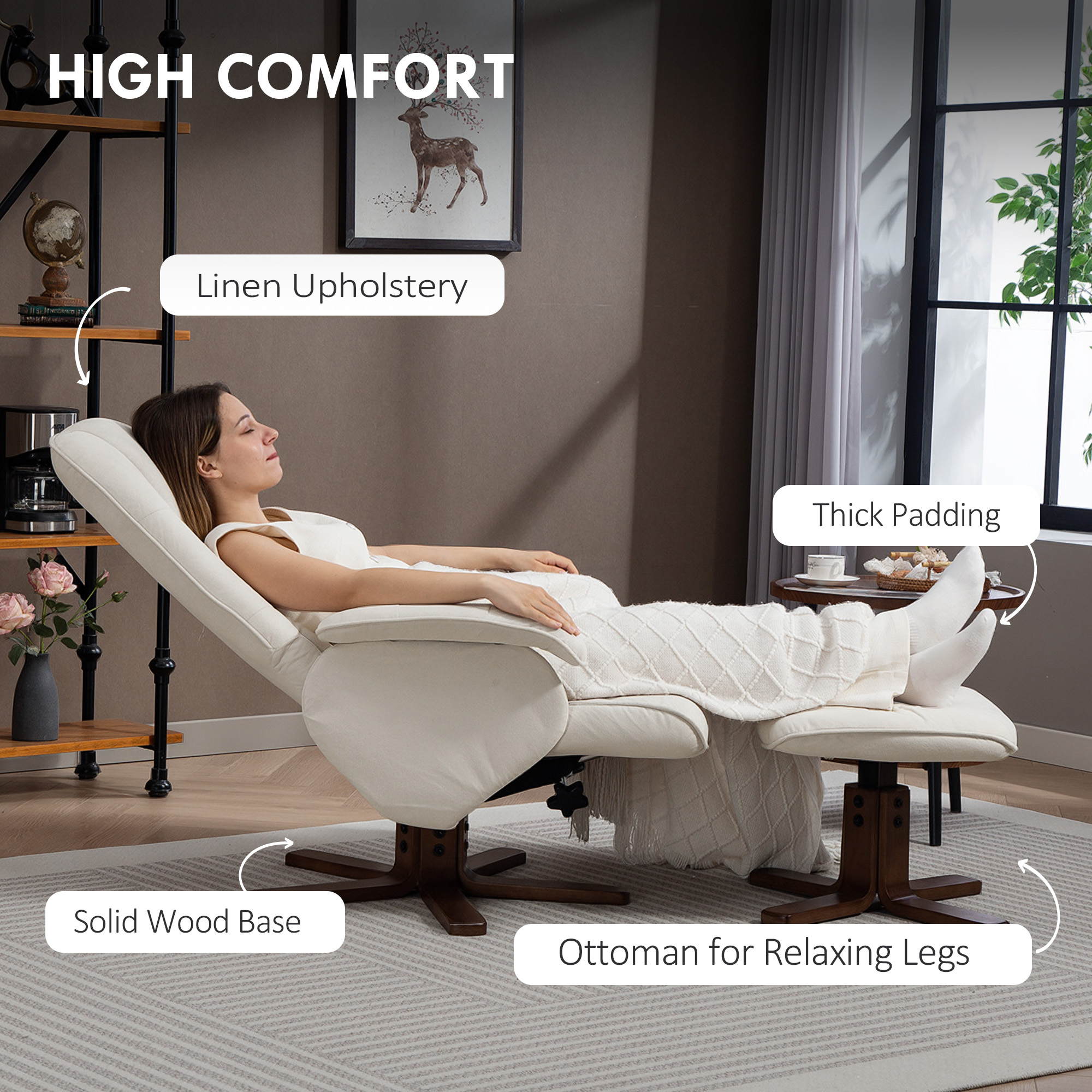 HOMCOM Linen Swivel Recliner Chair with Footstool, Upholstered Reclining Armchair with Wooden Base for Living Room, Beige 6
