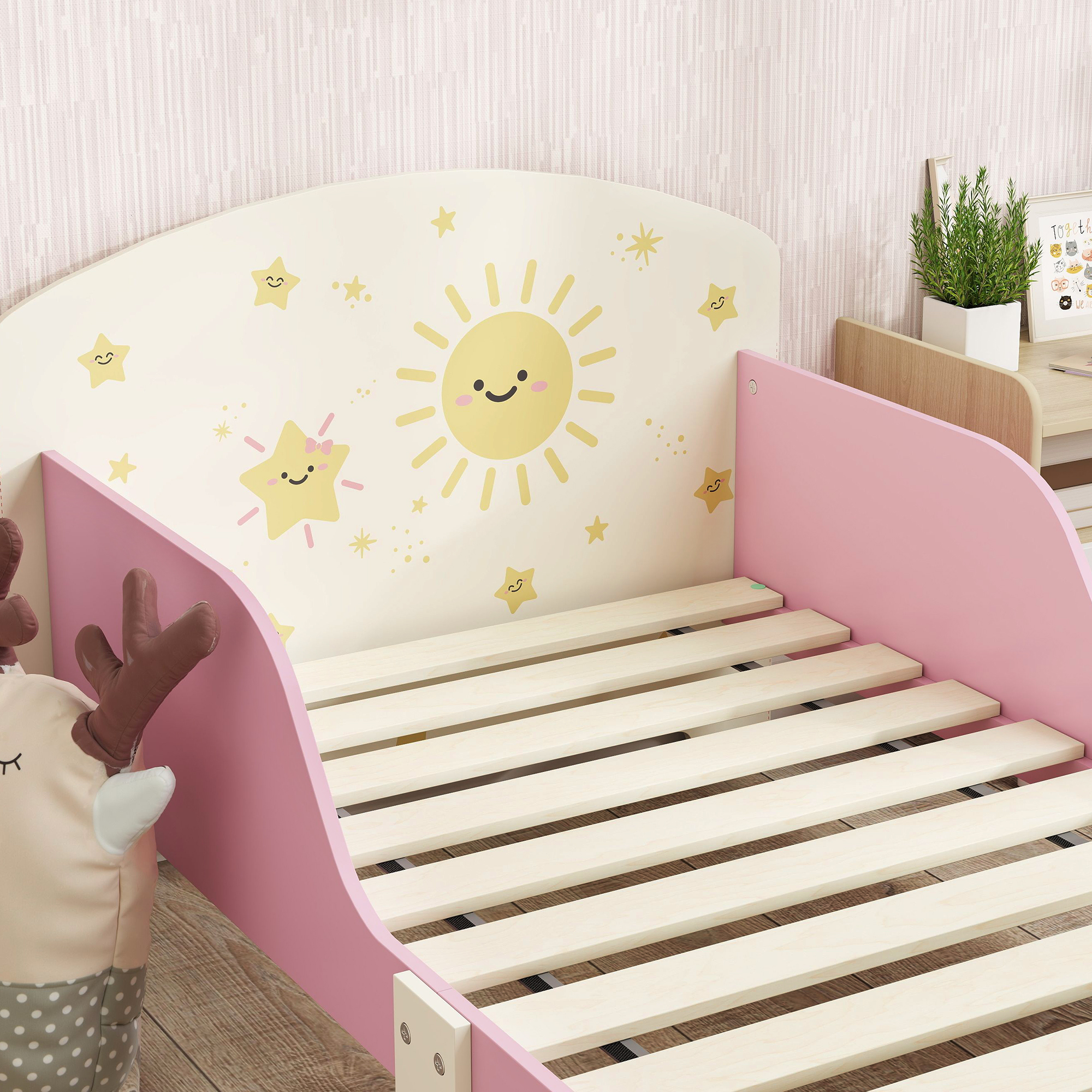 AIYAPLAY Toddler Bed with Storage, Guardrails, Sun Design, for Ages 3-8 Years, Fits 140 x 70cm Mattress, 9