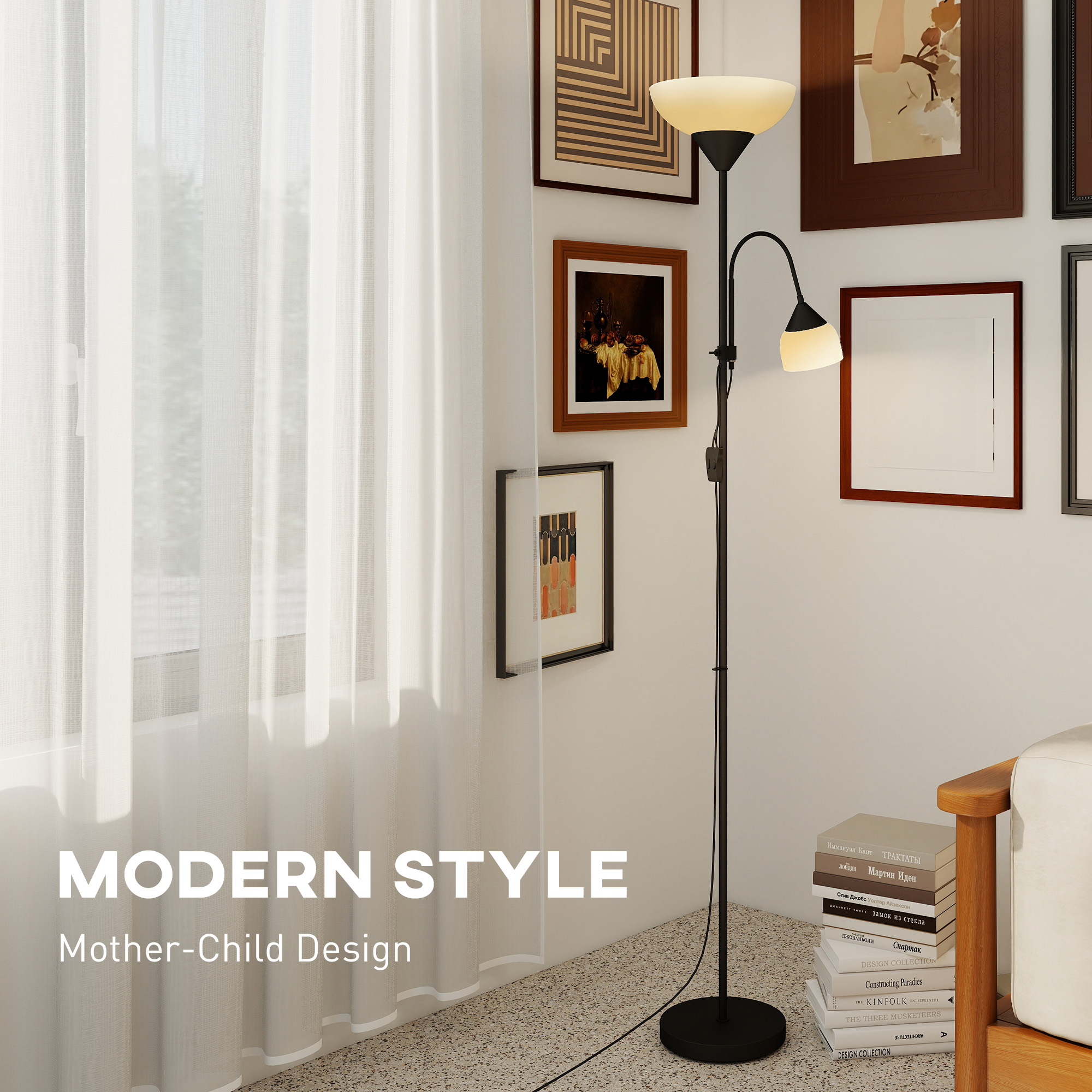 HOMCOM LED Floor Lamp for Living Room, 180cm Tall Standing Lamp, Mother and Child Uplighter with Adjustable Gooseneck, 3000K/4500K/6500K Colour Temperatures, Black 5