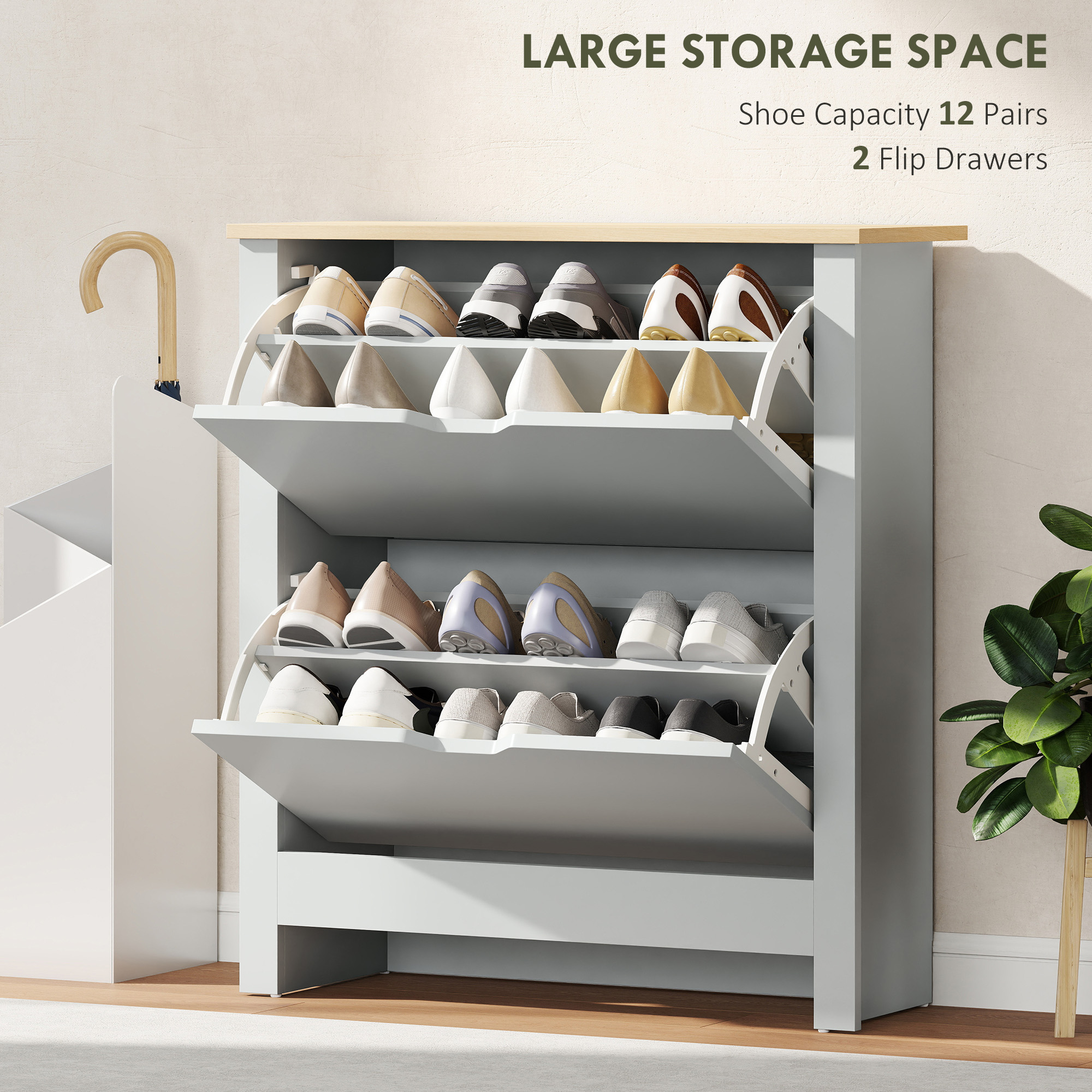 HOMCOM Slim Shoe Cabinet, Narrow Shoe Cupboard with 2 Flip Drawers, Adjustable Shelves for 12 Pairs of Shoes, Light Grey 4