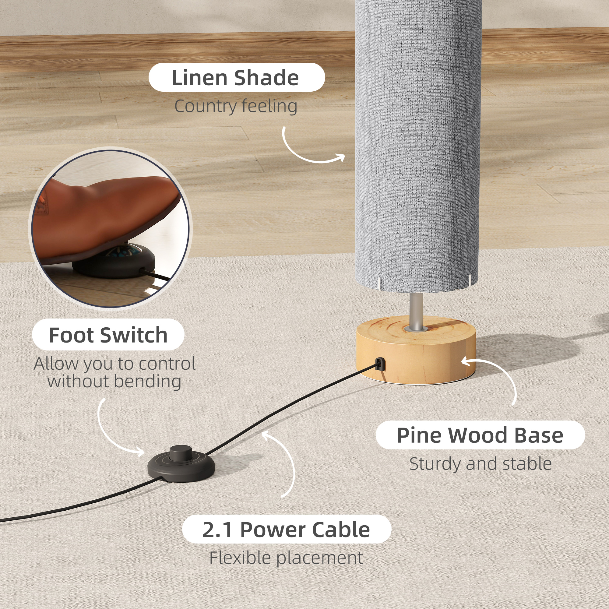HOMCOM LED Floor Lamp for Living Room, 120cm Modern Standing Lamp with 3000K/4500K/6500K Colour Temperatures, Linen Shade and Wooden Base, Grey 5