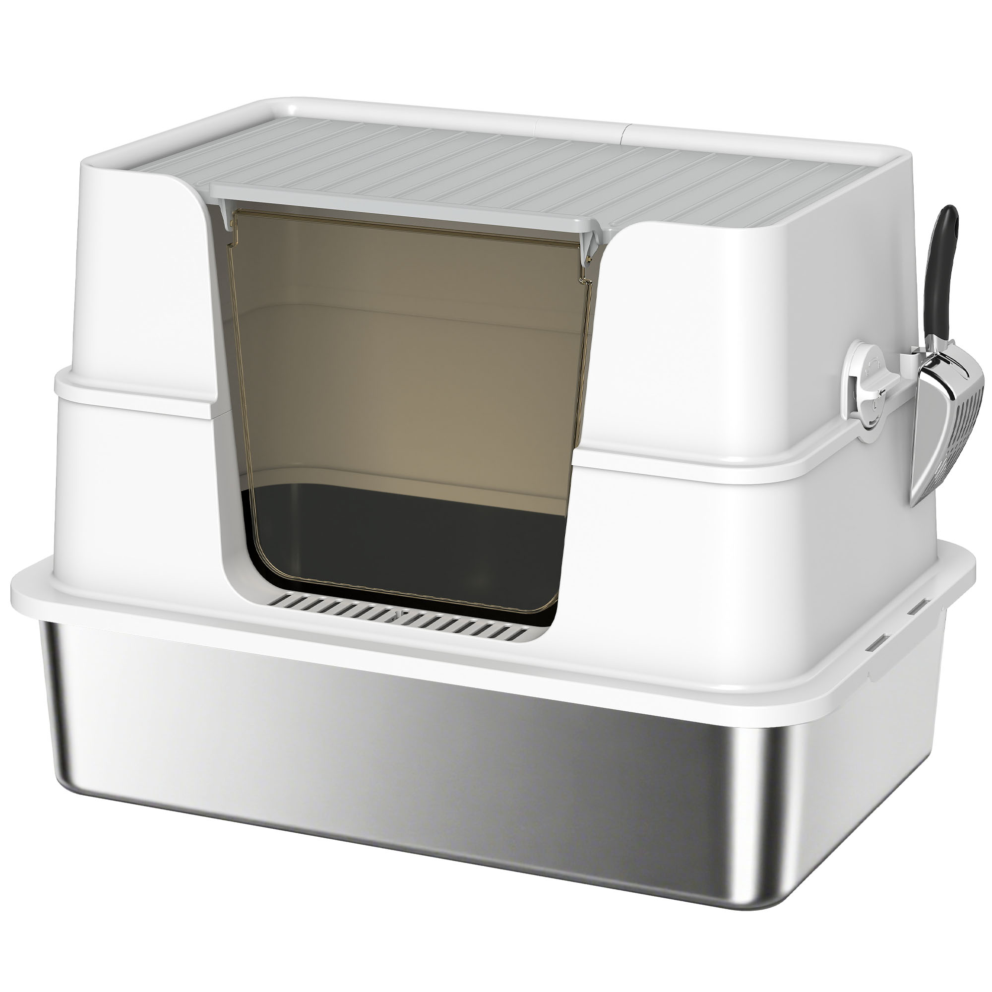 PawHut Katzenklo Edelstahl mit Deckel XL Katzentoilette mit Schaufel, Pedal günstig online kaufen