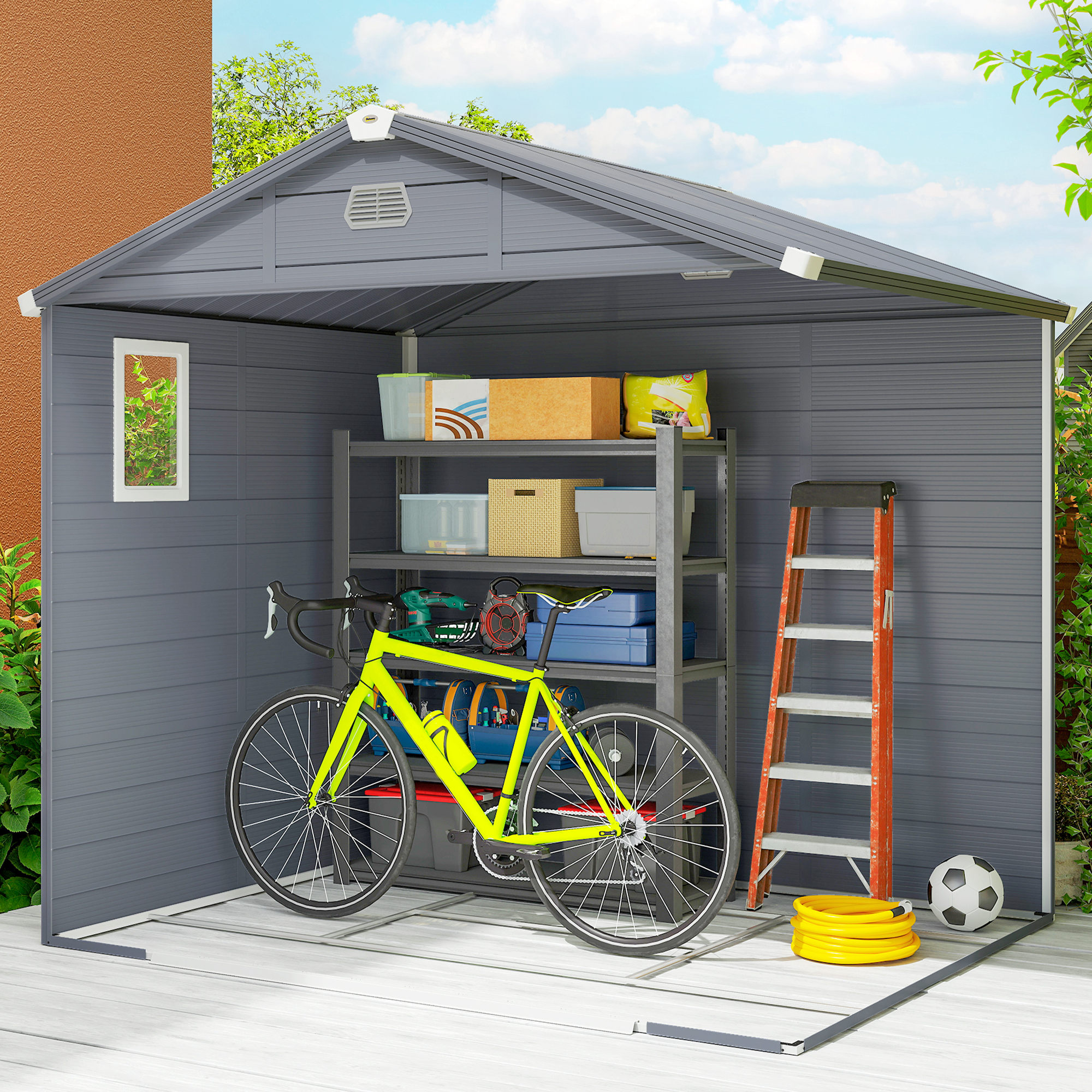 Outsunny 7.9ft x 6.2ft Aluminium Frame and Plastic Wall Shed, with Foundation Grey 9