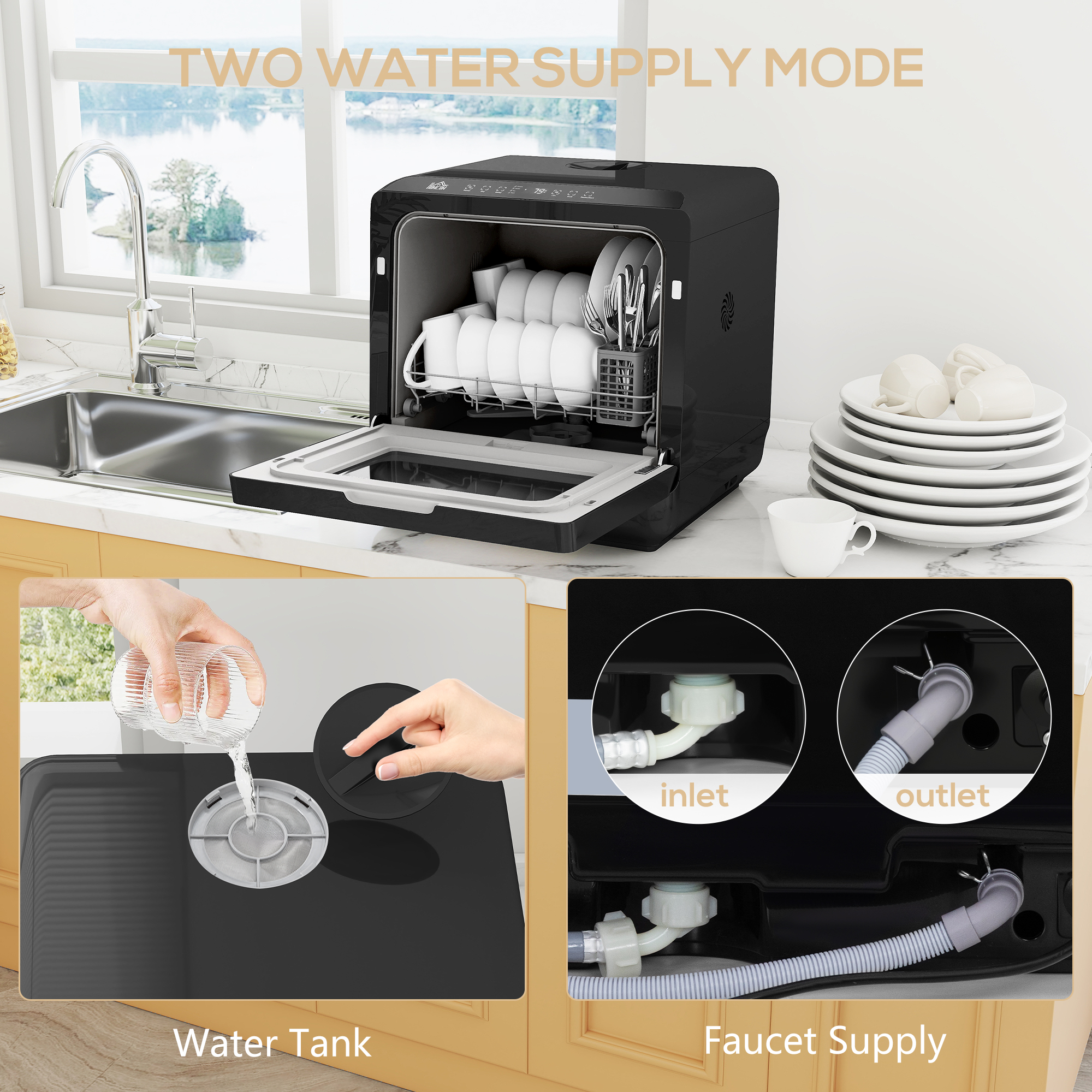 HOMCOM Table Top Dishwasher with Built-in 6L Water Tank, Mini Countertop Dishwasher with 6 Programs, 4 Place Settings, Black 6