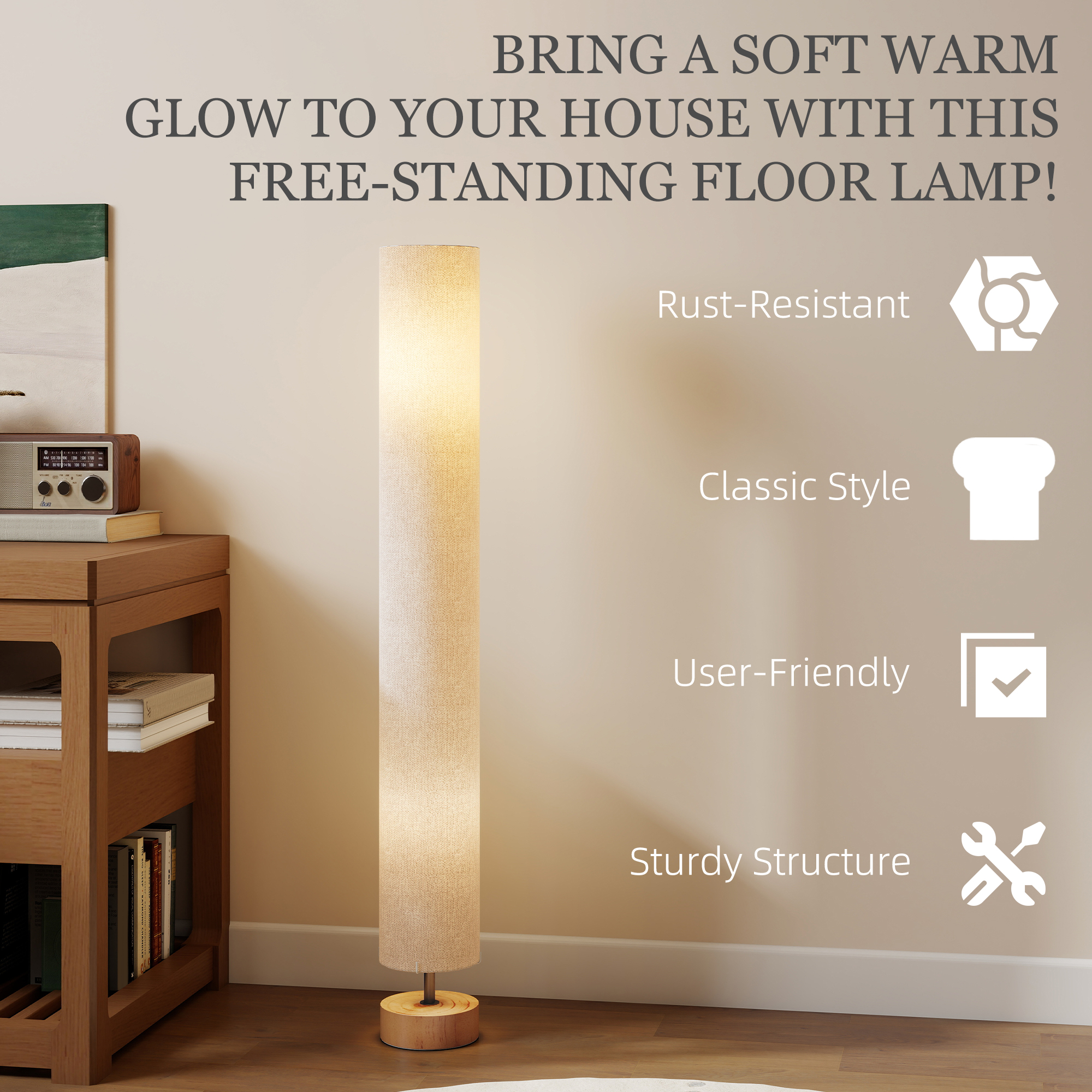 HOMCOM LED Floor Lamp for Living Room, 120cm Modern Standing Lamp with 3000K/4500K/6500K Colour Temperatures, Linen Shade and Wooden Base, Grey 6