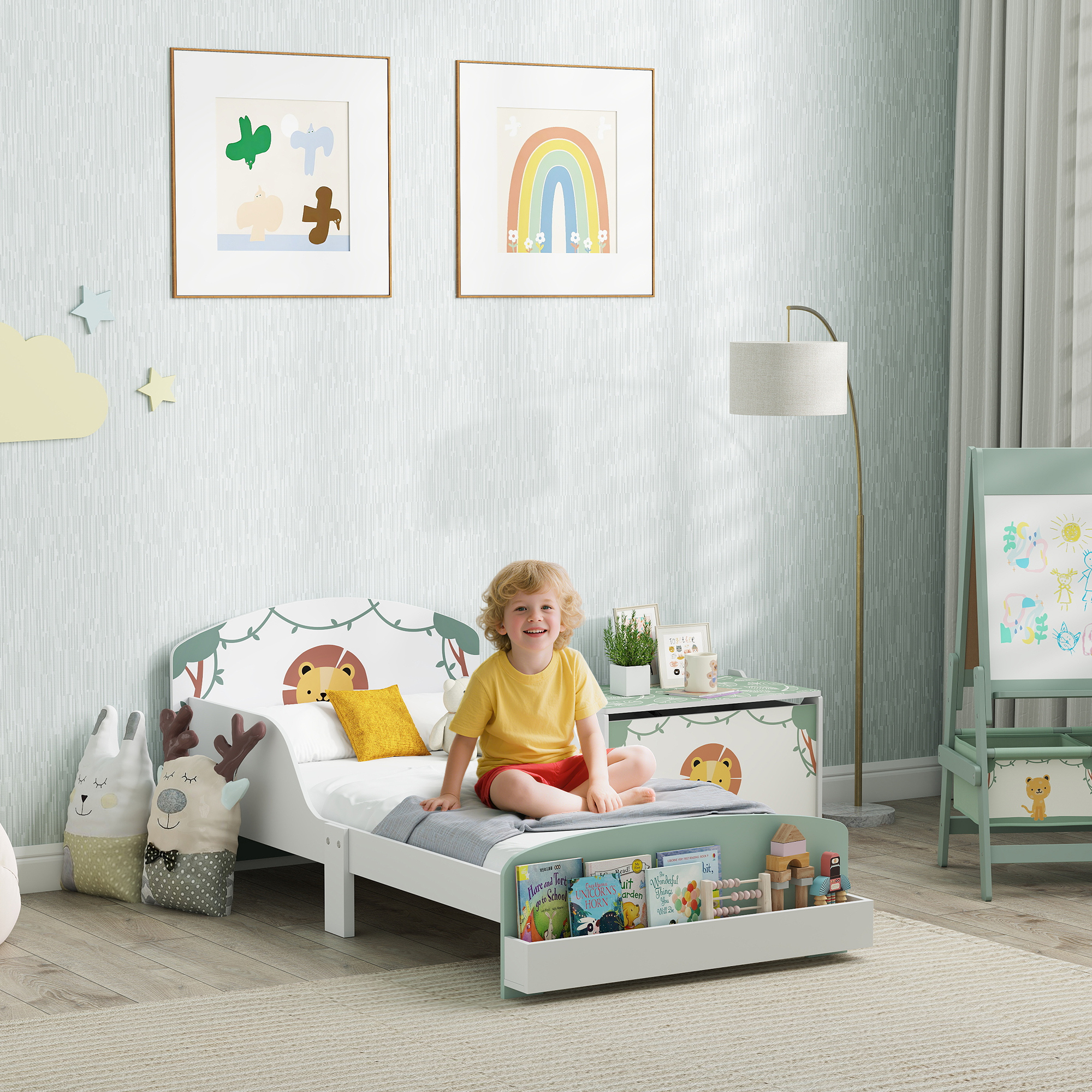 AIYAPLAY Toddler Bed with Storage, Guardrails, Lion Design, for Ages 3-8 Years, Fits 140 x 70cm Mattress, Green 2