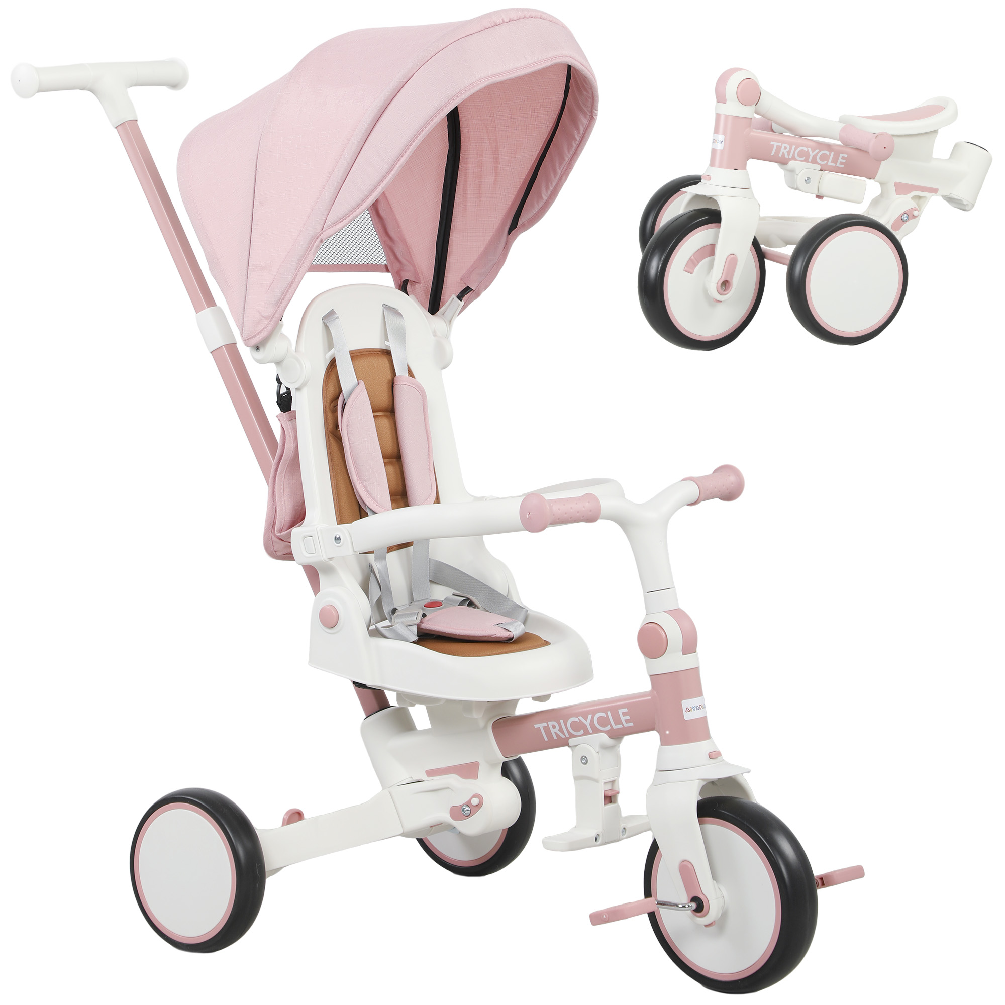 AIYAPLAY Dreirad 5-in-1 mit Schubstange für 1-3 Jahre Faltbar Kinderdreirad mit reversiblem Sitz, Fußstütze, ausziehbar Sonnendach, Aufbewahrungstasche, Sicherheitsgurt Rosa   Aosom