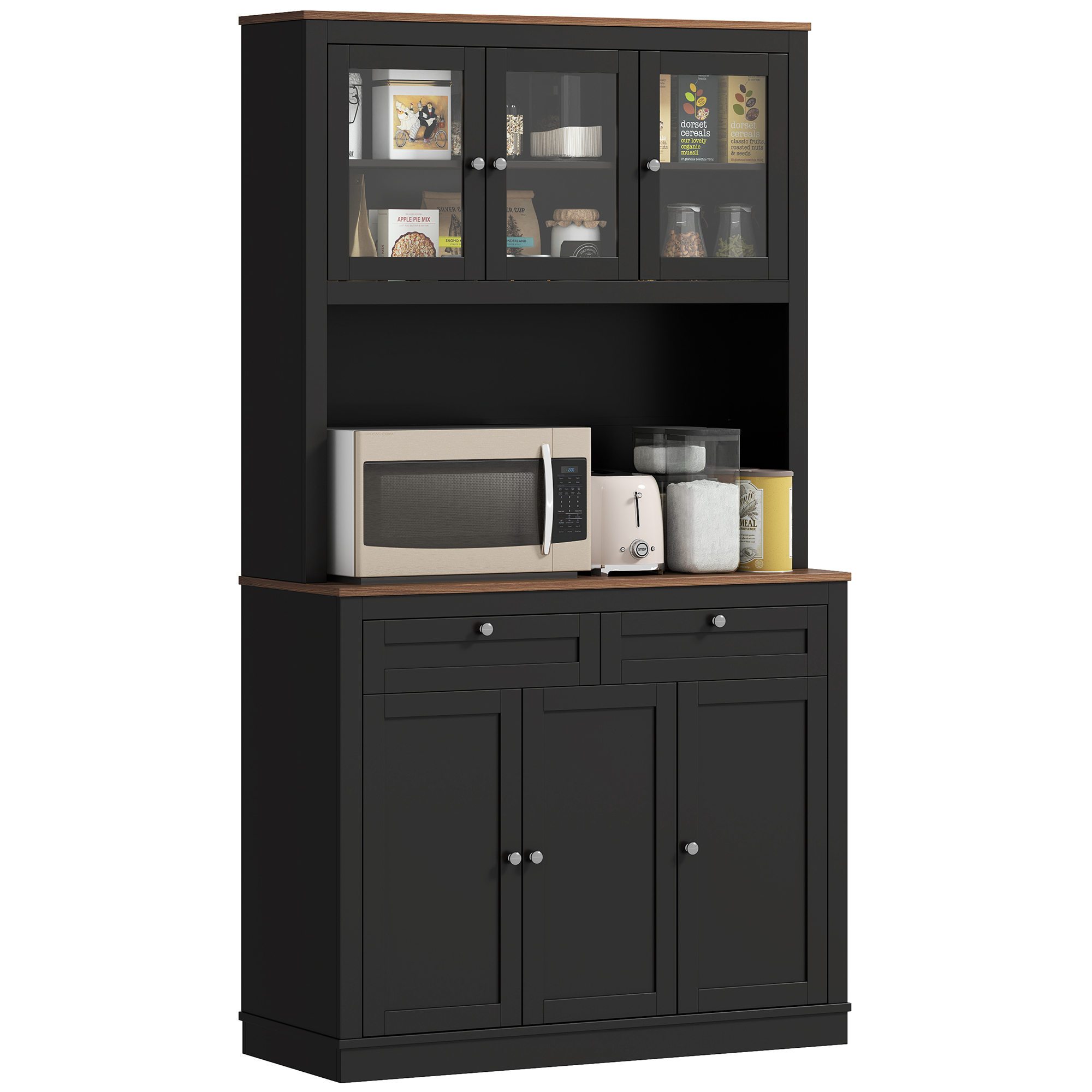 Armadietto Cucina Alto 80x40x140 Cm - 2 Ante E 5 Cassetti, Nero, Multiuso Per Soggiorno O Sala Da Pranzo