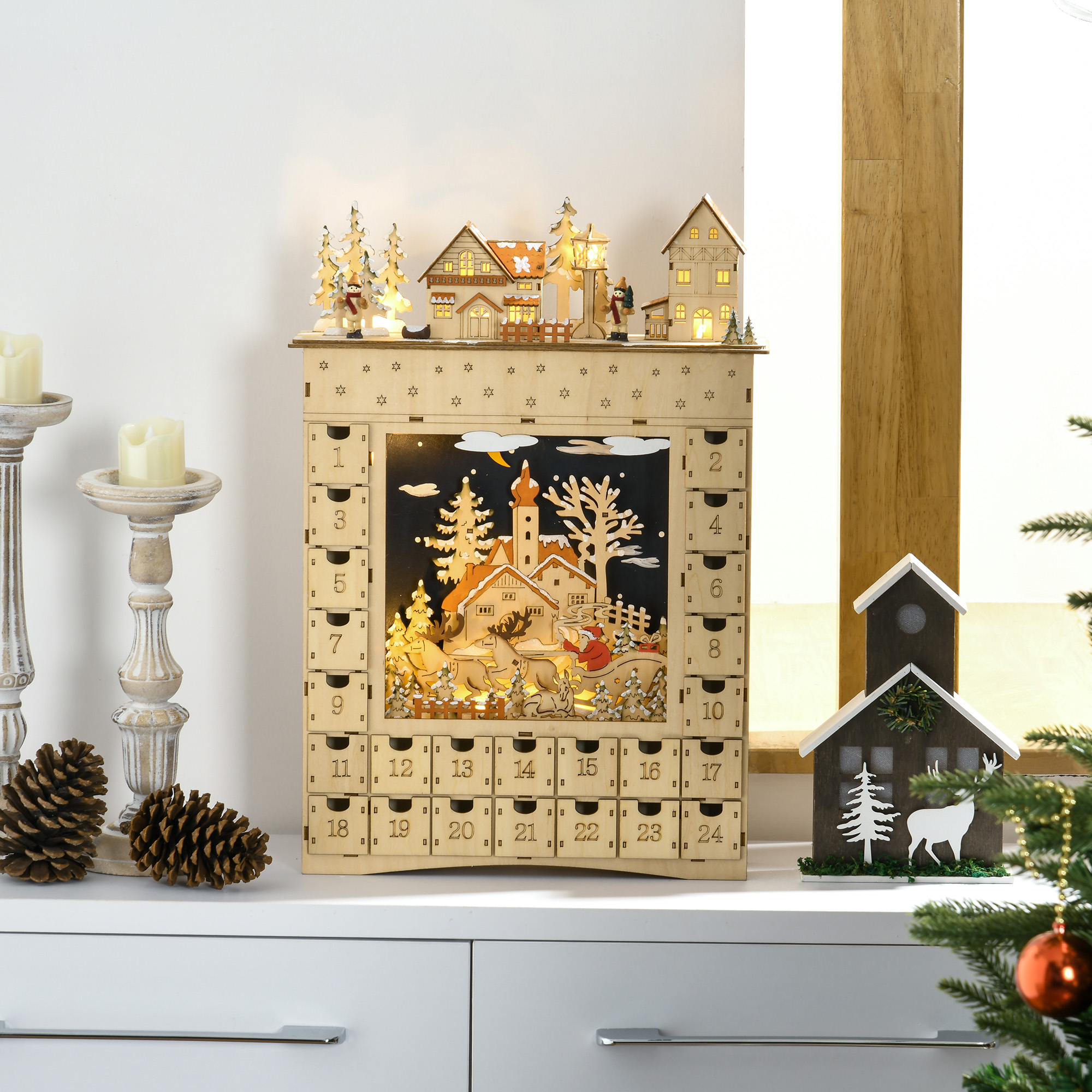 Täidetav advendikalender, 24 sahtlit ja sektsiooni, LED-tuledega jõulukalender, naturaalne puit, 36 x 9 x 52 cm