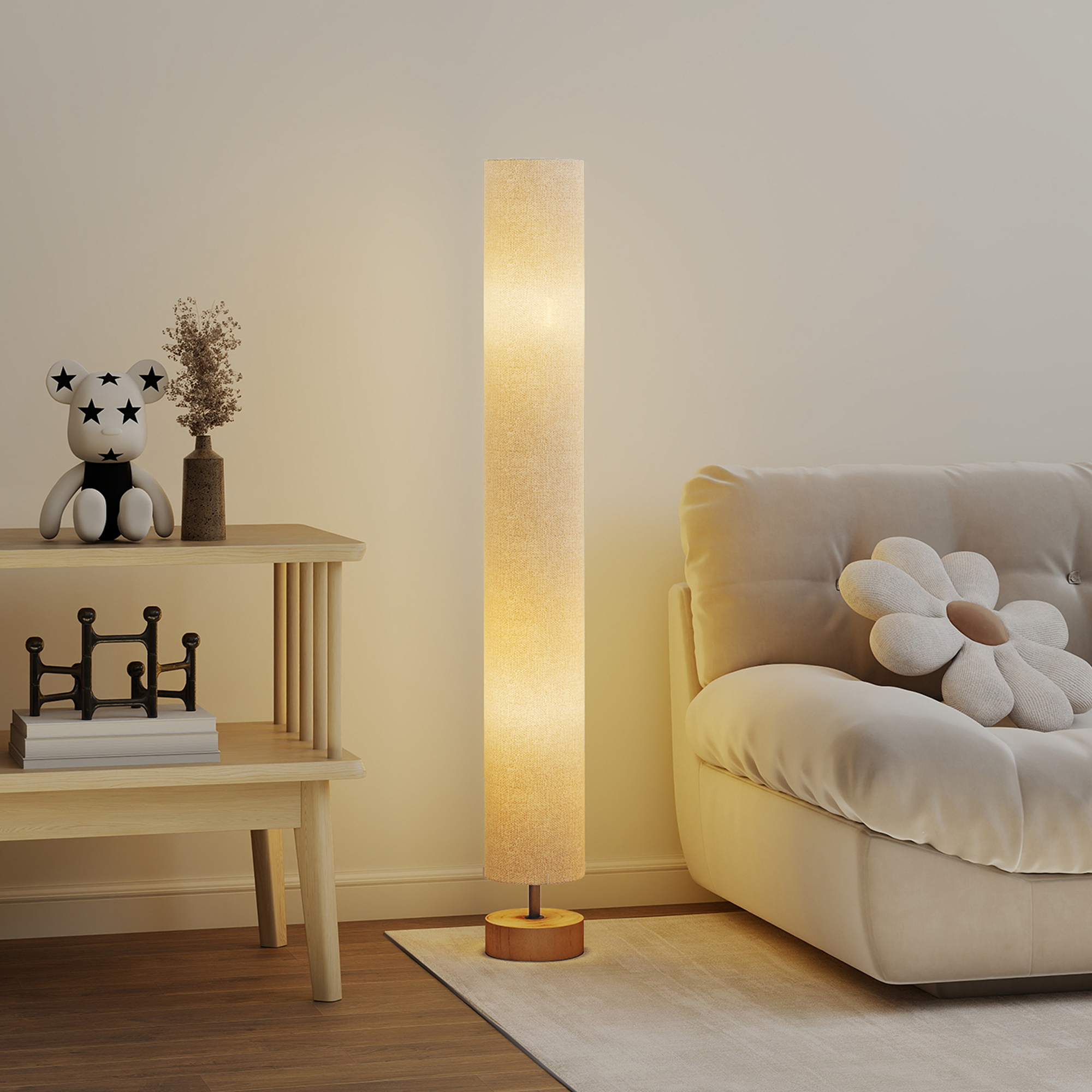 HOMCOM LED Floor Lamp for Living Room, 120cm Modern Standing Lamp with 3000K/4500K/6500K Colour Temperatures, Linen Shade and Wooden Base, Grey 2