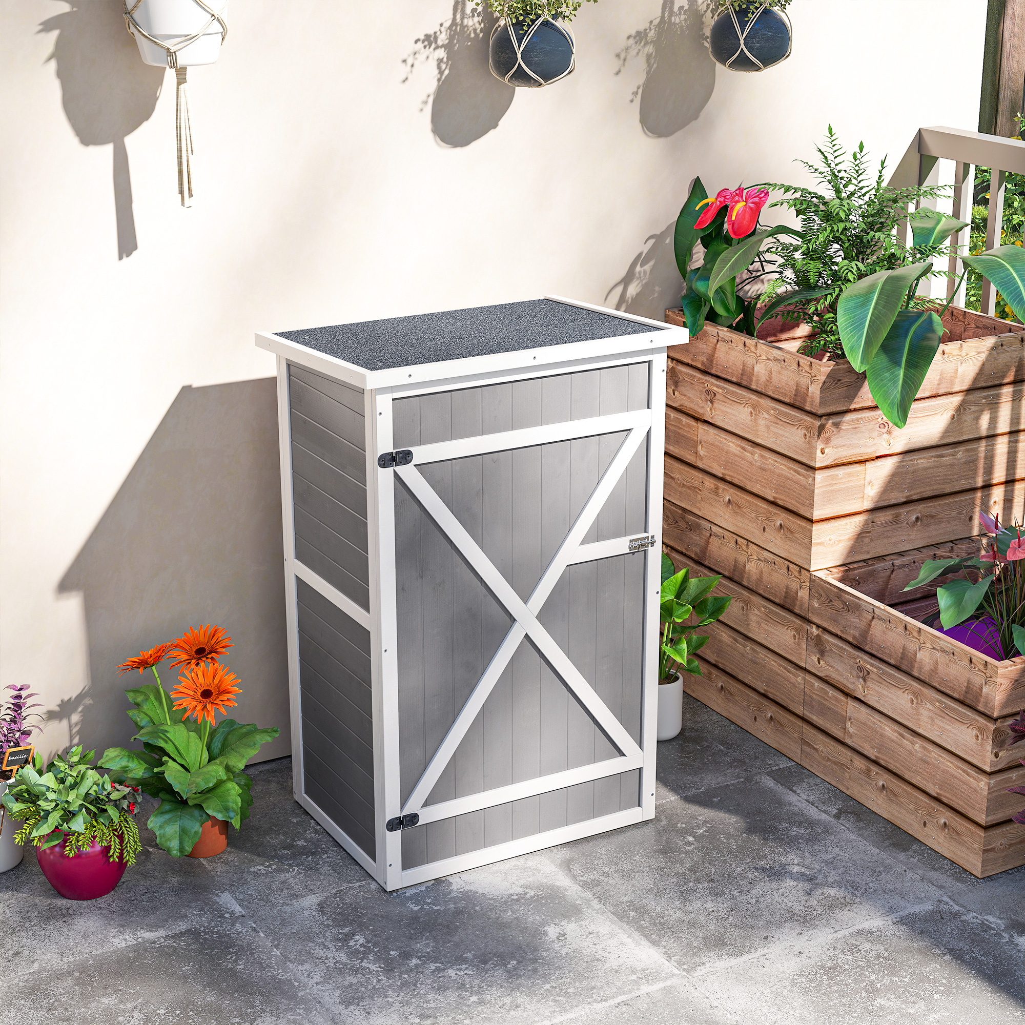 Outsunny Wooden Small Shed, Garden Storage Shed with Shelves and Bolt Latch, 75L x 56W x115H cm, Grey 7