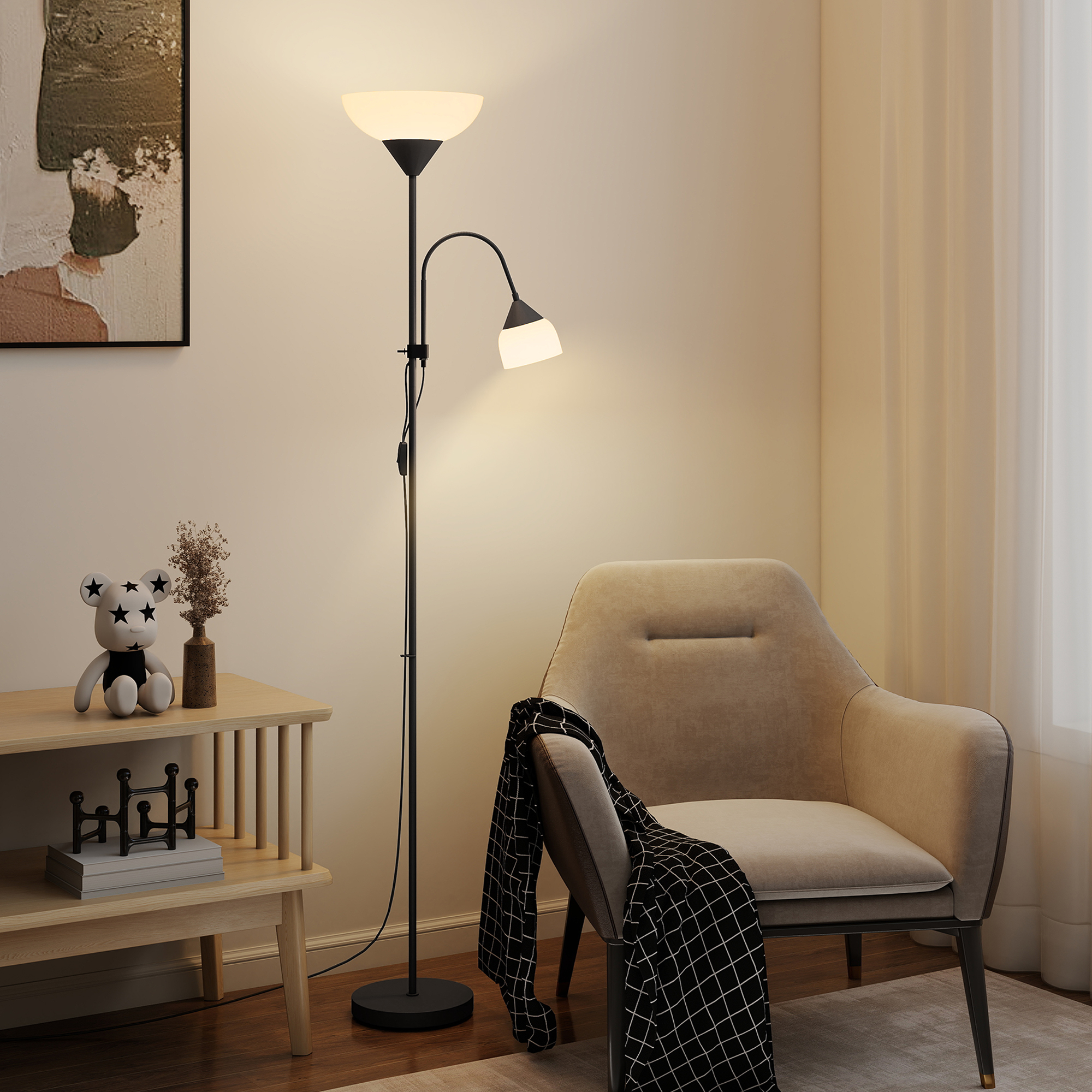 HOMCOM LED Floor Lamp for Living Room, 180cm Tall Standing Lamp, Mother and Child Uplighter with Adjustable Gooseneck, Black 2