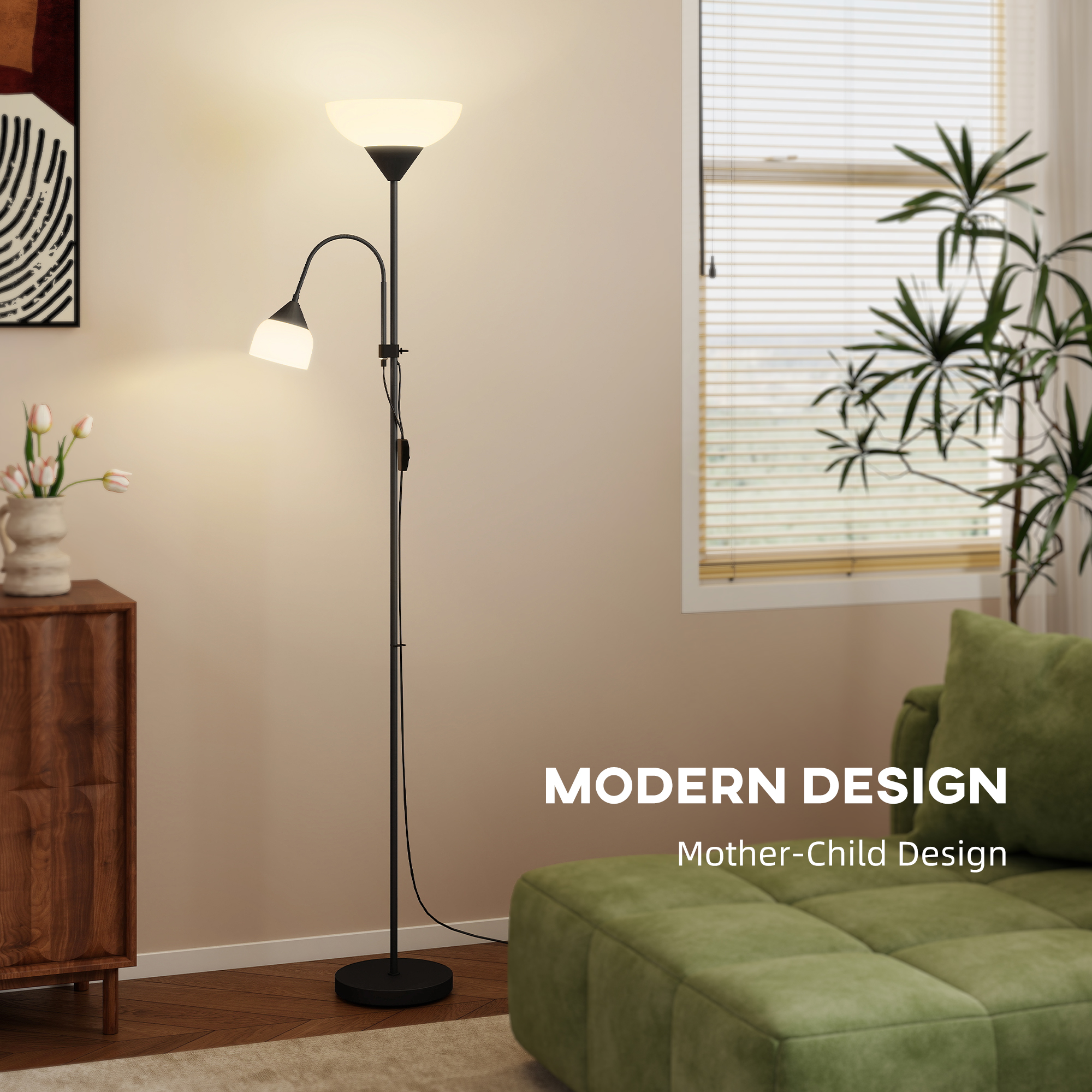 HOMCOM LED Floor Lamp for Living Room, 180cm Tall Standing Lamp, Mother and Child Uplighter with Adjustable Gooseneck, Black 4