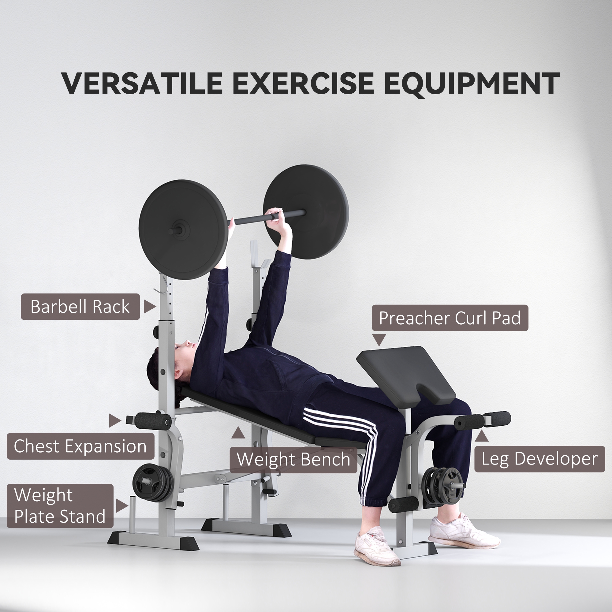 HOMCOM Adjustable Weight Bench with Squat Rack, Heavy Duty Bench Press Rack with Preacher Curl Pad, Leg Developer, Barbell Rack, Butterfly, Home Gym Strength Training Multiuse Workout Bench, Grey 4