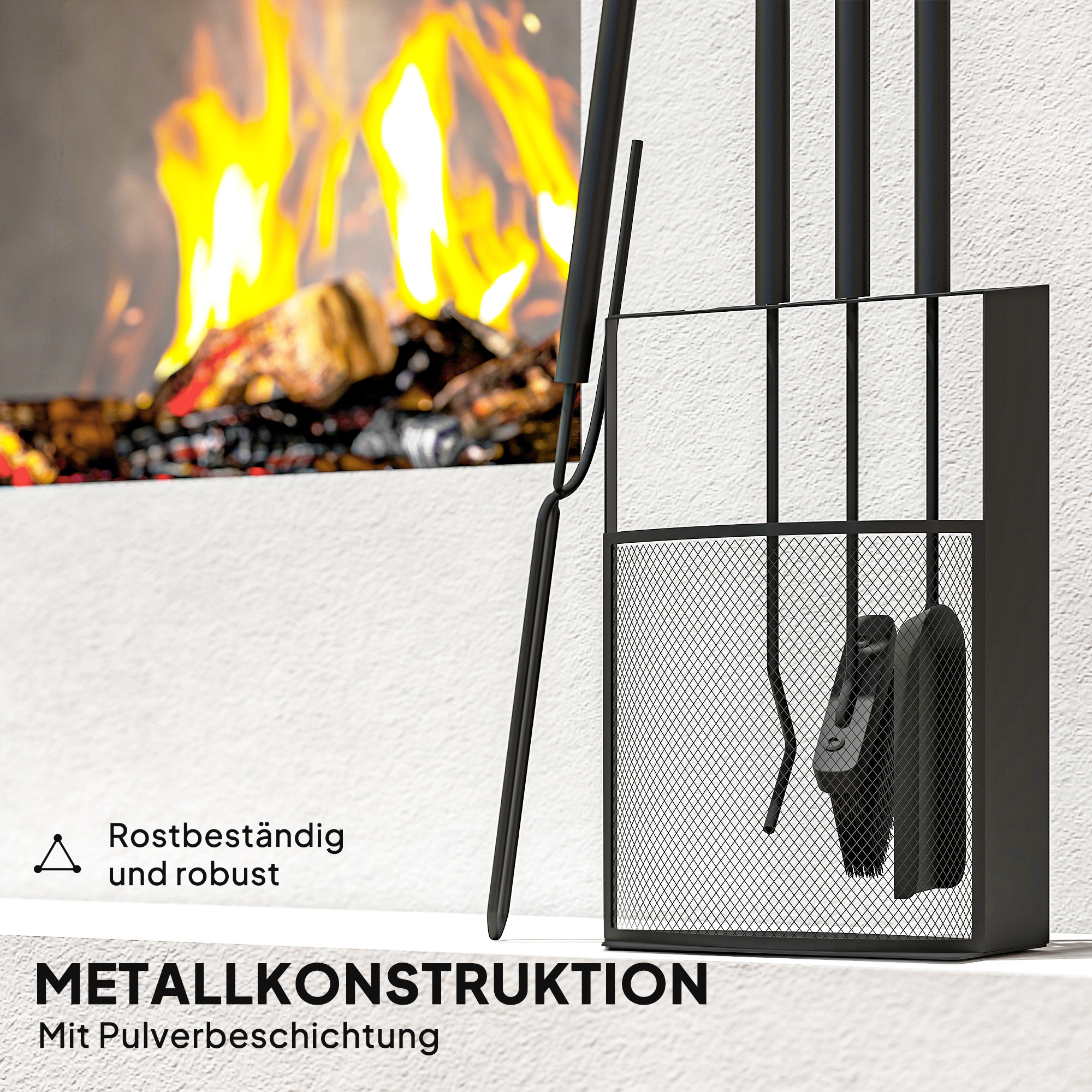 Kaminatööriistade komplekt, 5-osaline, kaminatarvikud, sh hari, labidas, puur, tangid, alus, metall, must