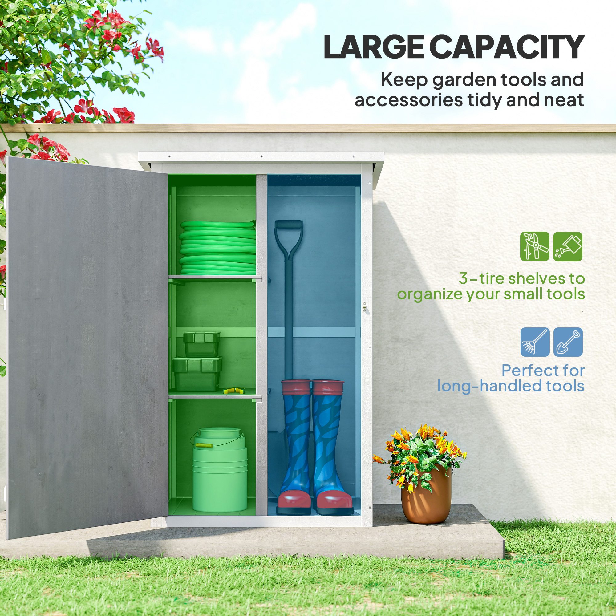 Outsunny Wooden Small Shed, Garden Storage Shed with Shelves and Bolt Latch, 75L x 56W x115H cm, Grey 4