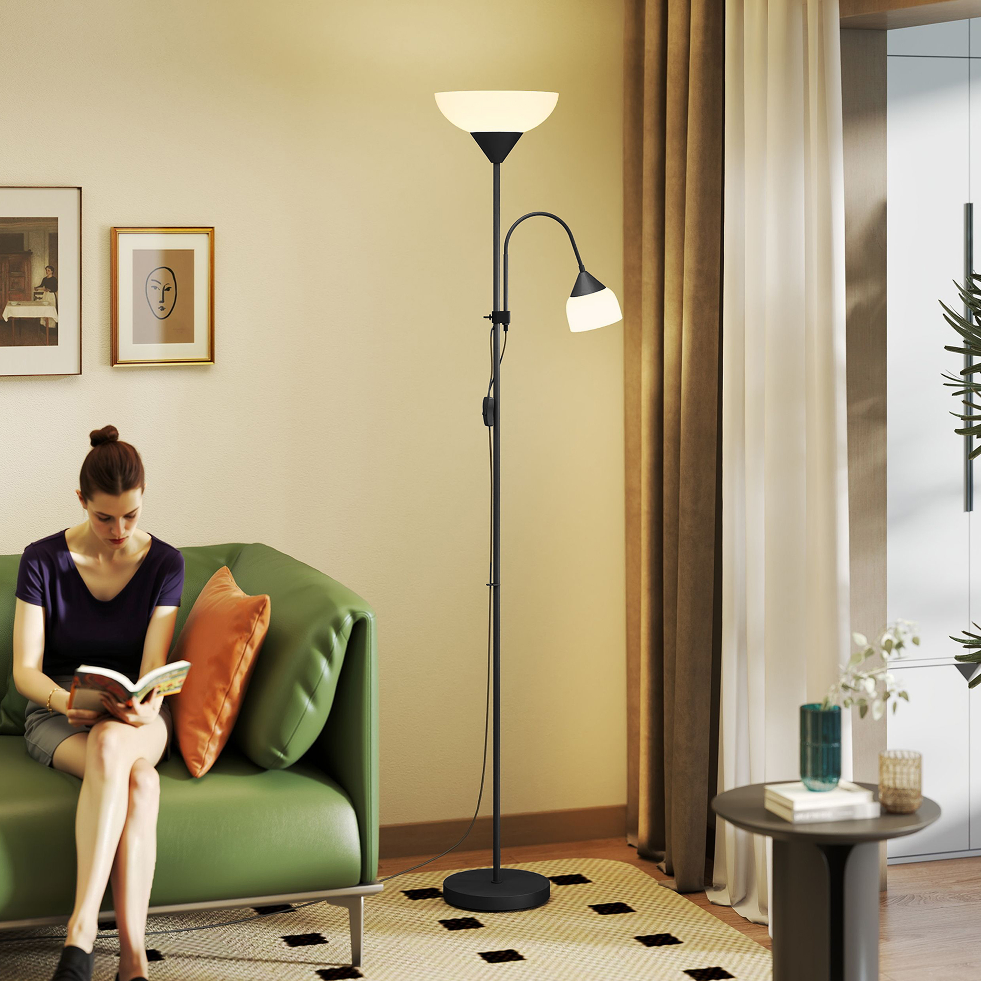 HOMCOM LED Floor Lamp for Living Room, 180cm Tall Standing Lamp, Mother and Child Uplighter with Adjustable Gooseneck, Black 8