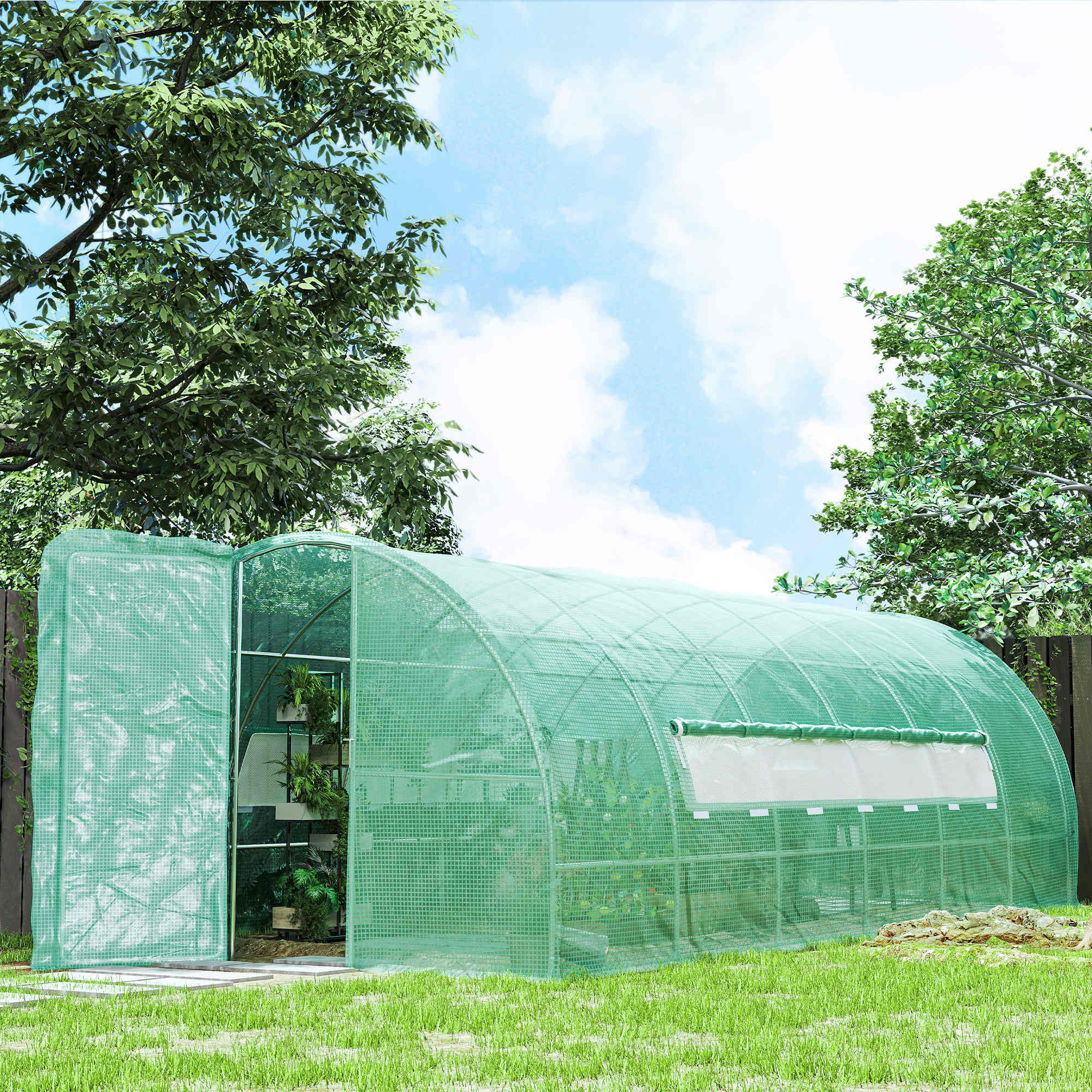 Outsunny Large Polytunnel Walk In Greenhouse, Plant Gardening Tunnel Green House with Metal Hinged Door, Galvanised Steel Frame & Mesh Windows, Green (3 x 6 m) 2