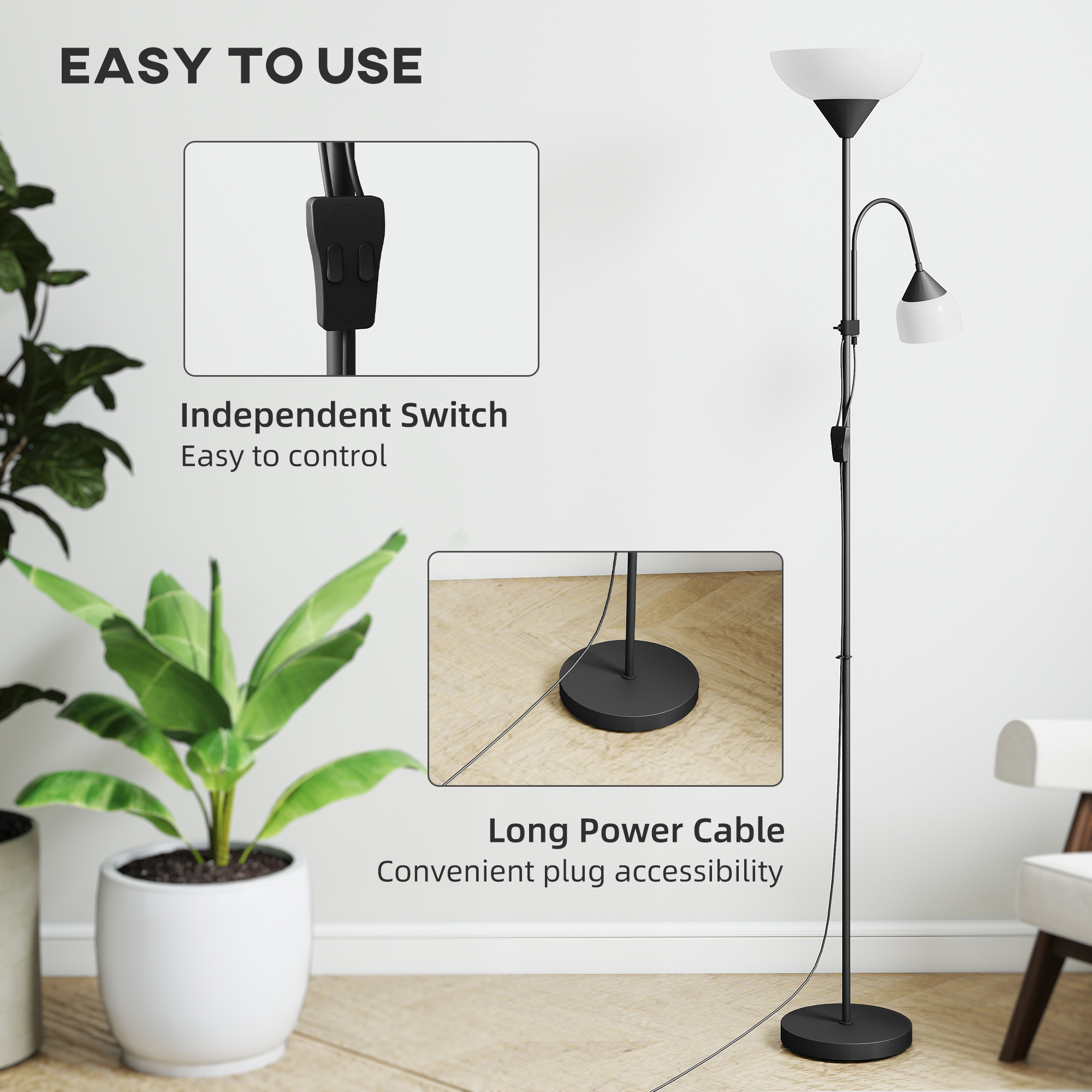 HOMCOM LED Floor Lamp for Living Room, 180cm Tall Standing Lamp, Mother and Child Uplighter with Adjustable Gooseneck, Black 6
