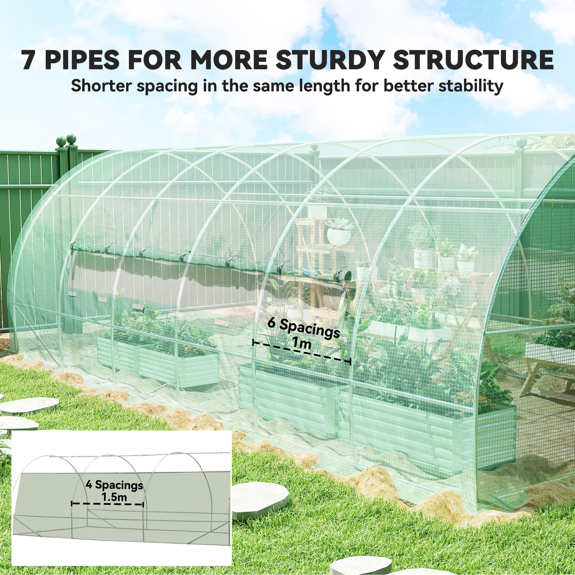 Outsunny Large Polytunnel Walk In Greenhouse, Plant Gardening Tunnel Green House with Metal Hinged Door, Galvanised Steel Frame & Mesh Windows, Green (3 x 6 m) 8