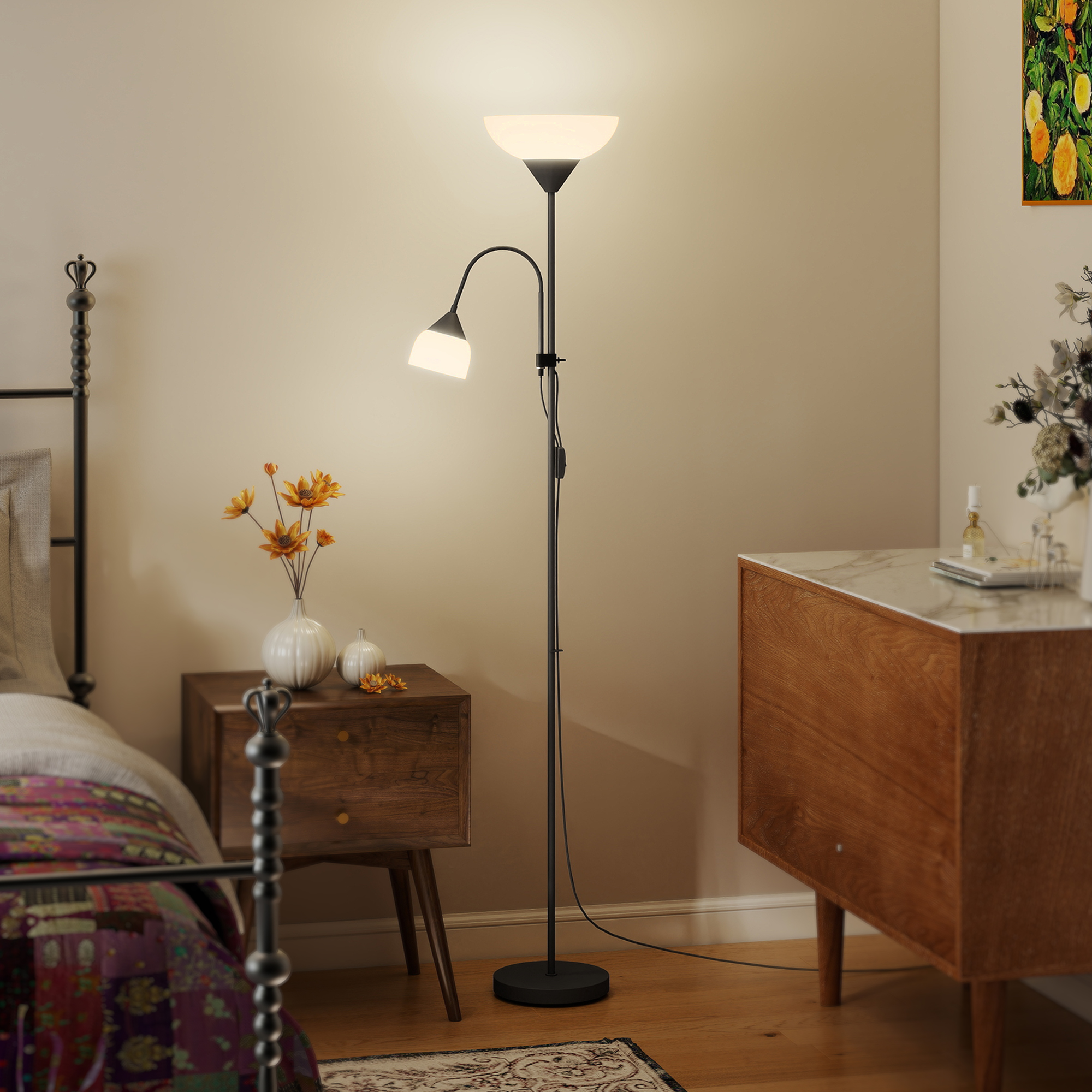 HOMCOM LED Floor Lamp for Living Room, 180cm Tall Standing Lamp, Mother and Child Uplighter with Adjustable Gooseneck, Black 9