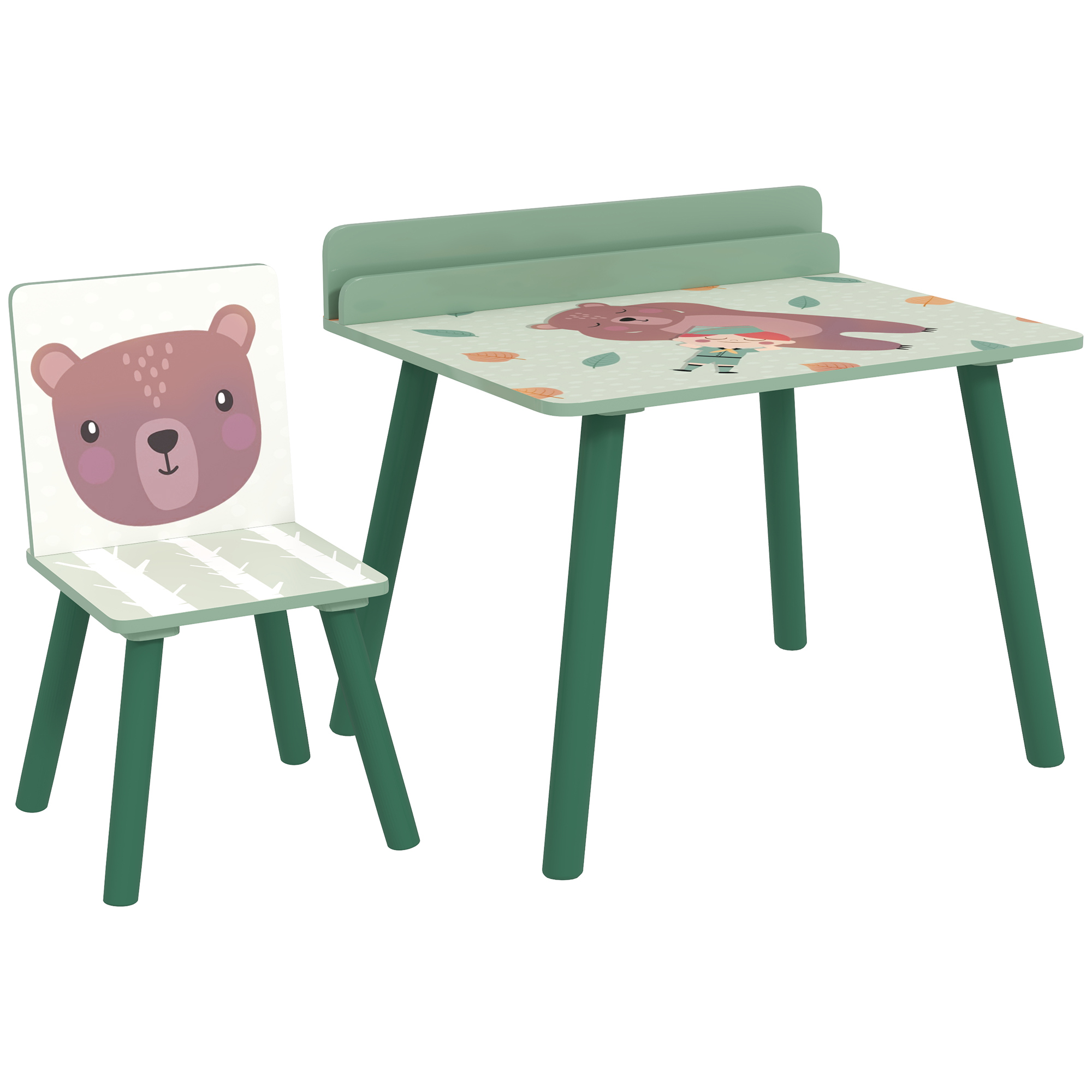AIYAPLAY Birou Copii cu Raft pentru Depozitare din MDF și Lemn de Pin, cu Masă și Scaun, 60x48x53.5 cm, Verde | Aosom Romania
