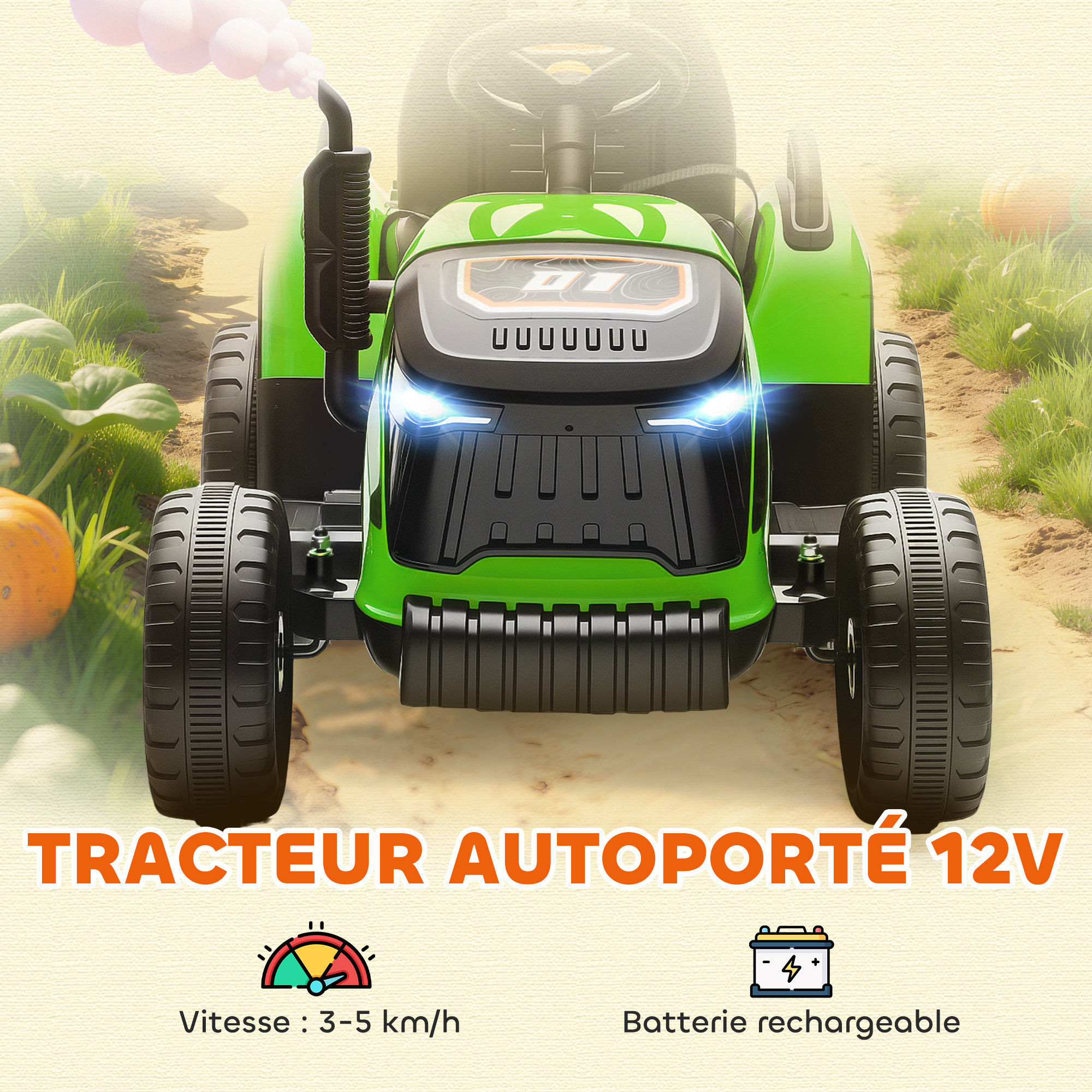 HAUSPROFI Tracteur Électrique Enfant 12V – Remorque Amovible, 6 Pneus, LED, Musique, Télécommande 2,4G – 3-8 Km/h – Dès 3 Ans – Vert