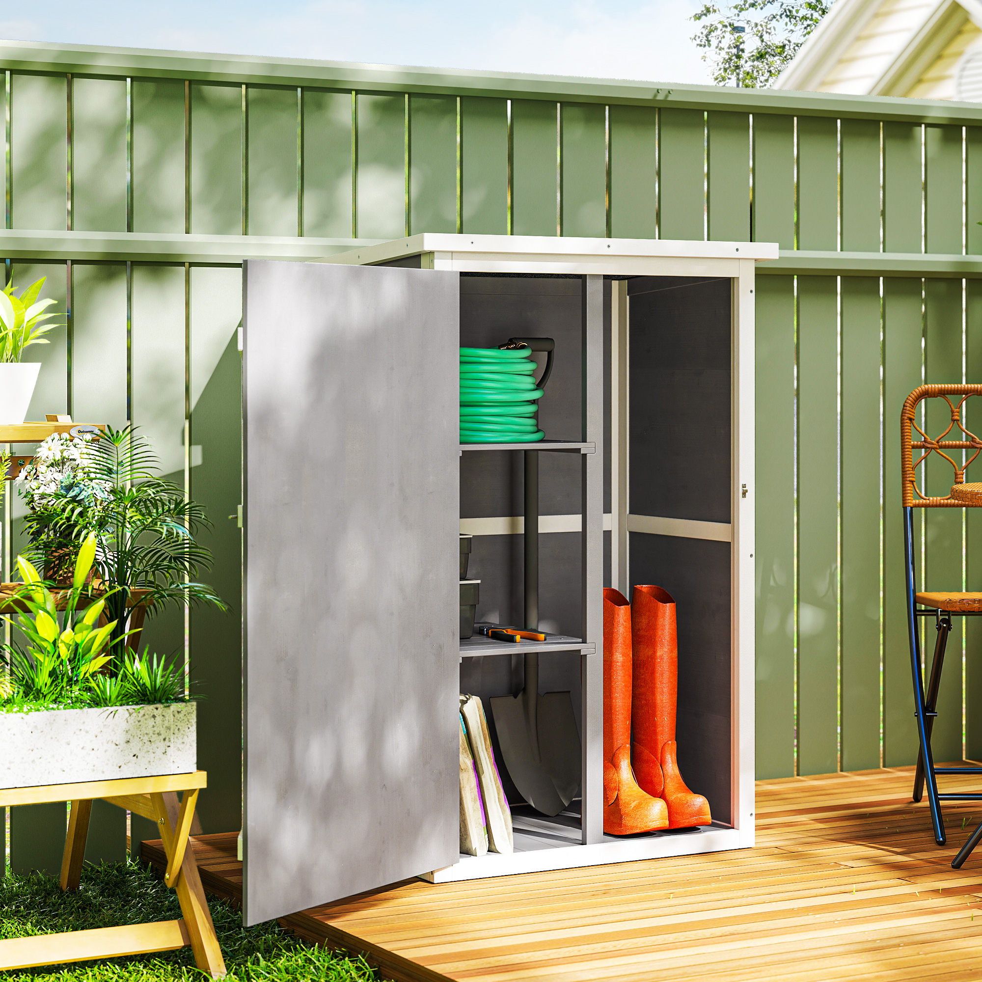 Outsunny Wooden Small Shed, Garden Storage Shed with Shelves and Bolt Latch, 75L x 56W x115H cm, Grey 2