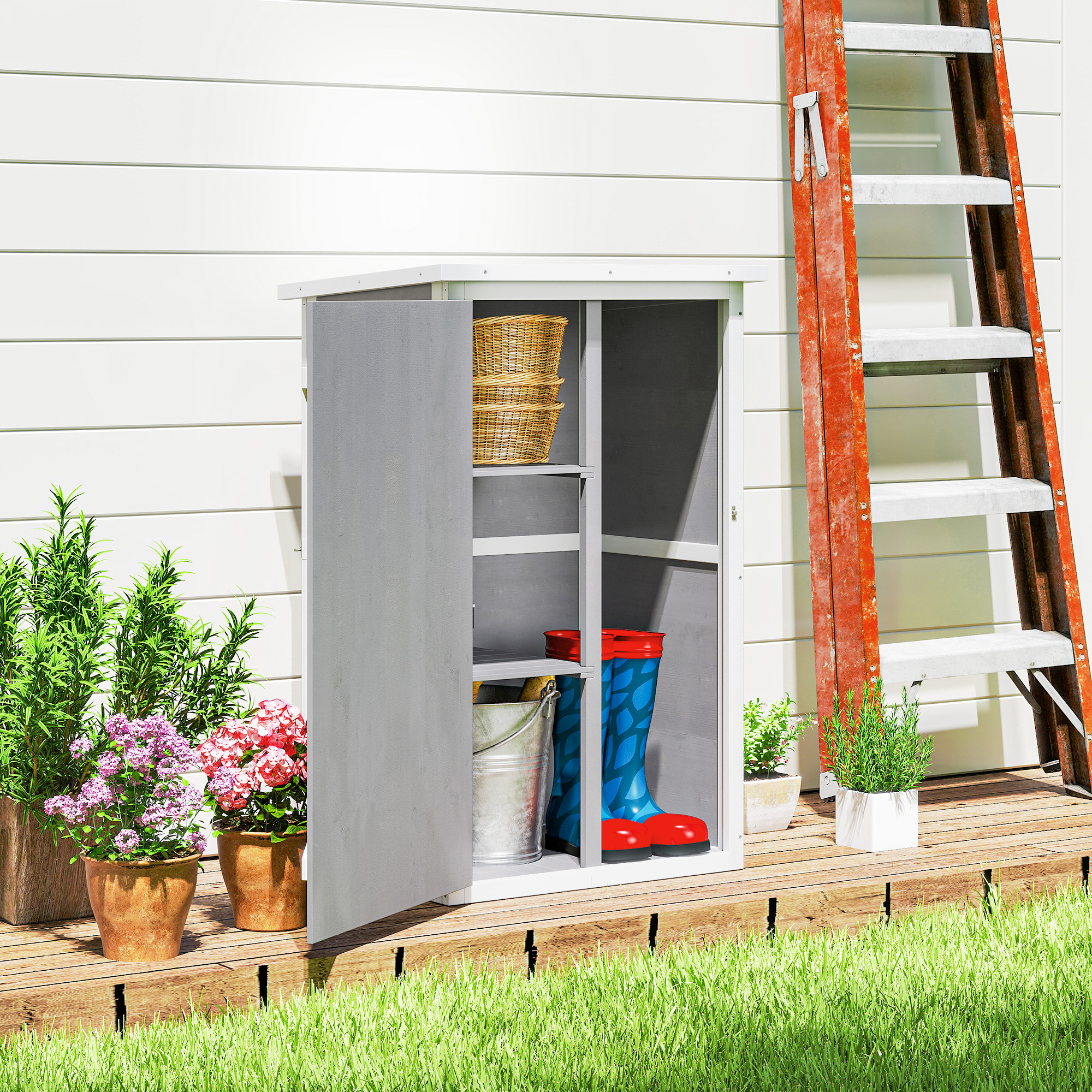 Outsunny Wooden Small Shed, Garden Storage Shed with Shelves and Bolt Latch, 75L x 56W x115H cm, Grey 8