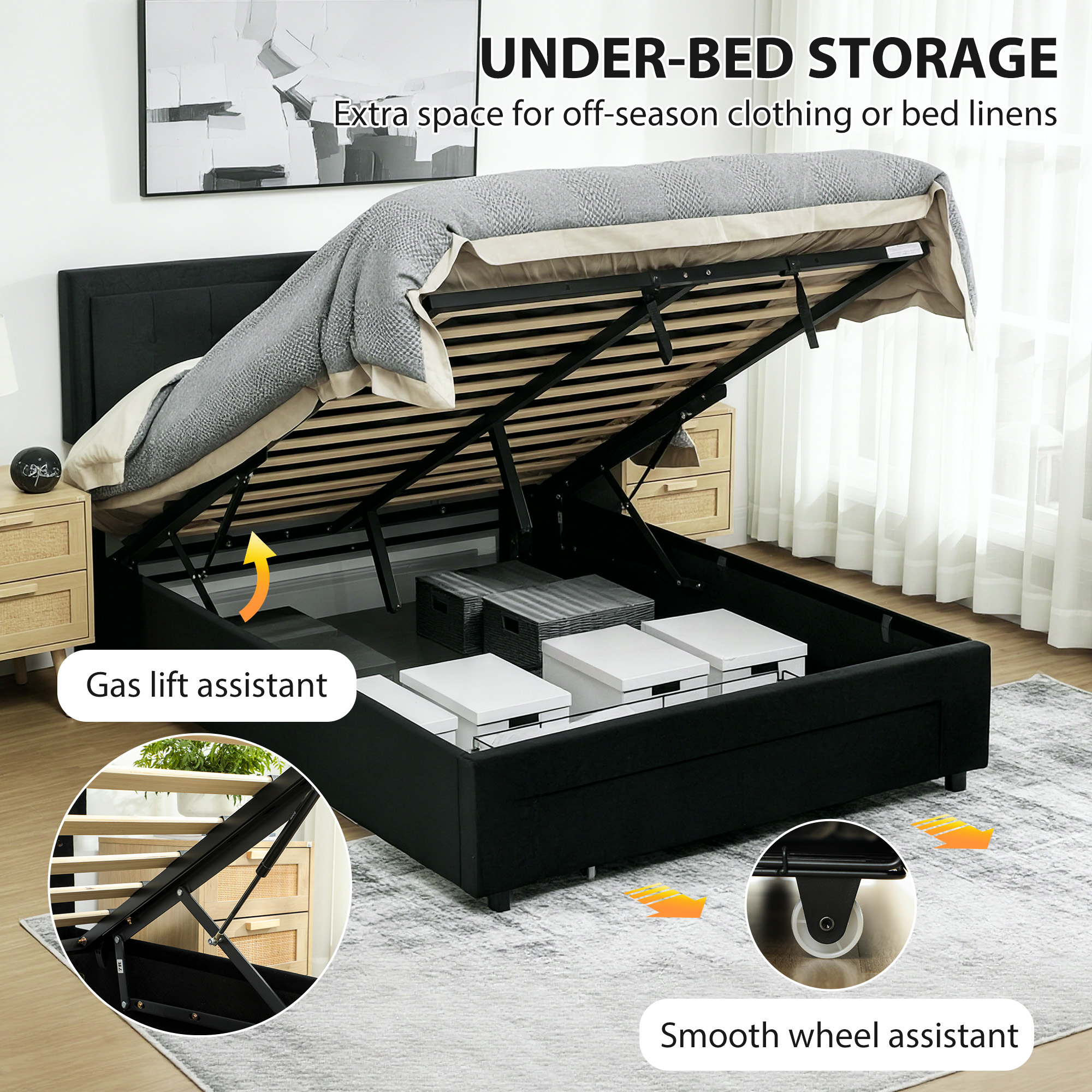 HOMCOM Double Ottoman Bed Frame, with Front Drawer Black 4
