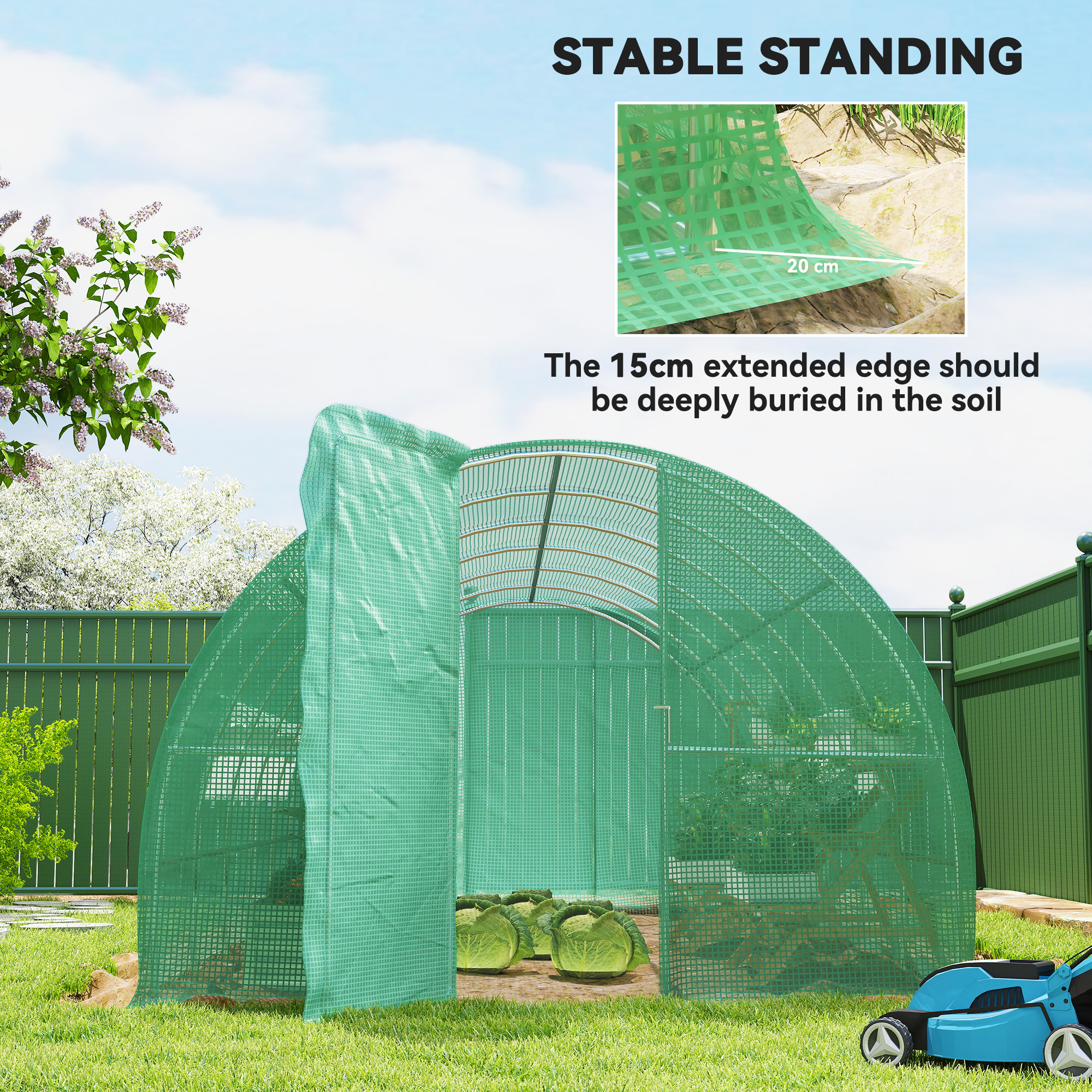 Outsunny Large Polytunnel Walk In Greenhouse, Plant Gardening Tunnel Green House with Metal Hinged Door, Galvanised Steel Frame & Mesh Windows, Green (3 x 6 m) 5