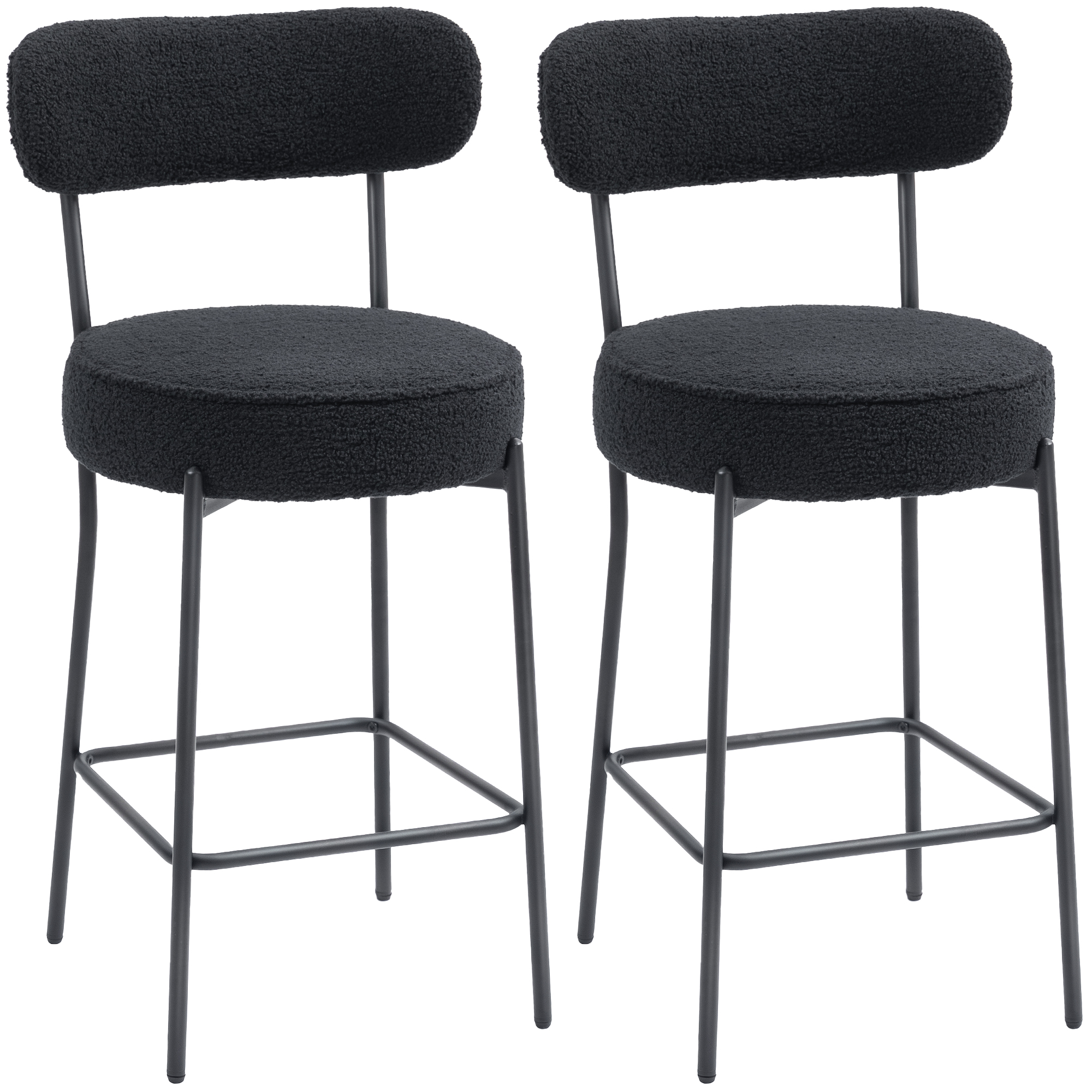 HOMCOM Lot de 2 tabourets de bar en tissu bouclette, chaises de bar avec dossier courbé, repose-pieds, 49x52x95cm, noir HOMCOM Lot de 2 tabourets de bar en tissu bouclette, chaises de bar avec dossier courbé, repose-pieds, 49x52x95cm, noir