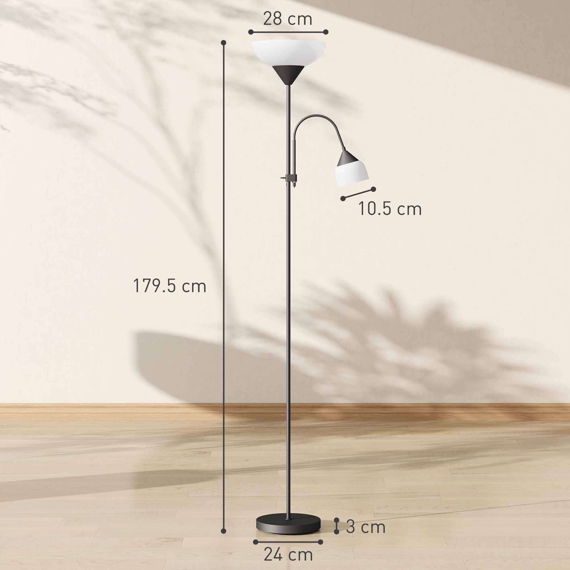 HOMCOM LED Floor Lamp for Living Room, 180cm Tall Standing Lamp, Mother and Child Uplighter with Adjustable Gooseneck, Black 3