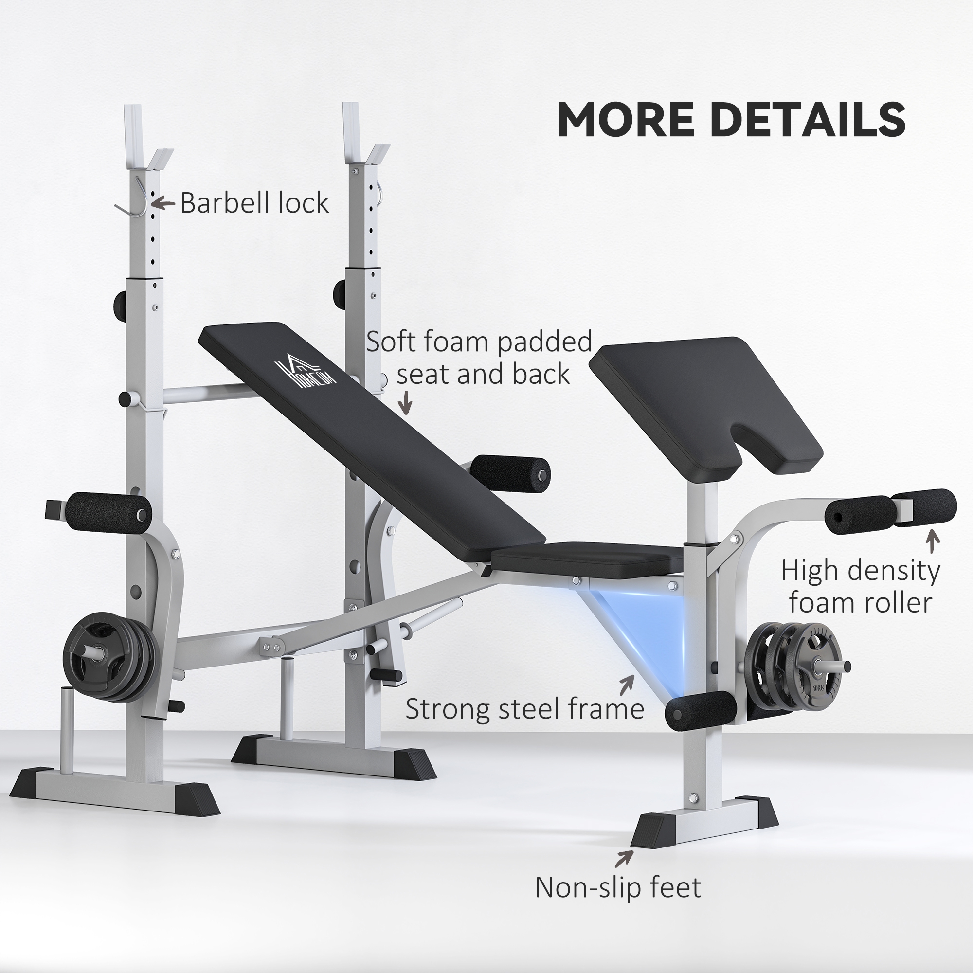 HOMCOM Adjustable Weight Bench with Squat Rack, Heavy Duty Bench Press Rack with Preacher Curl Pad, Leg Developer, Barbell Rack, Butterfly, Home Gym Strength Training Multiuse Workout Bench, Grey 7