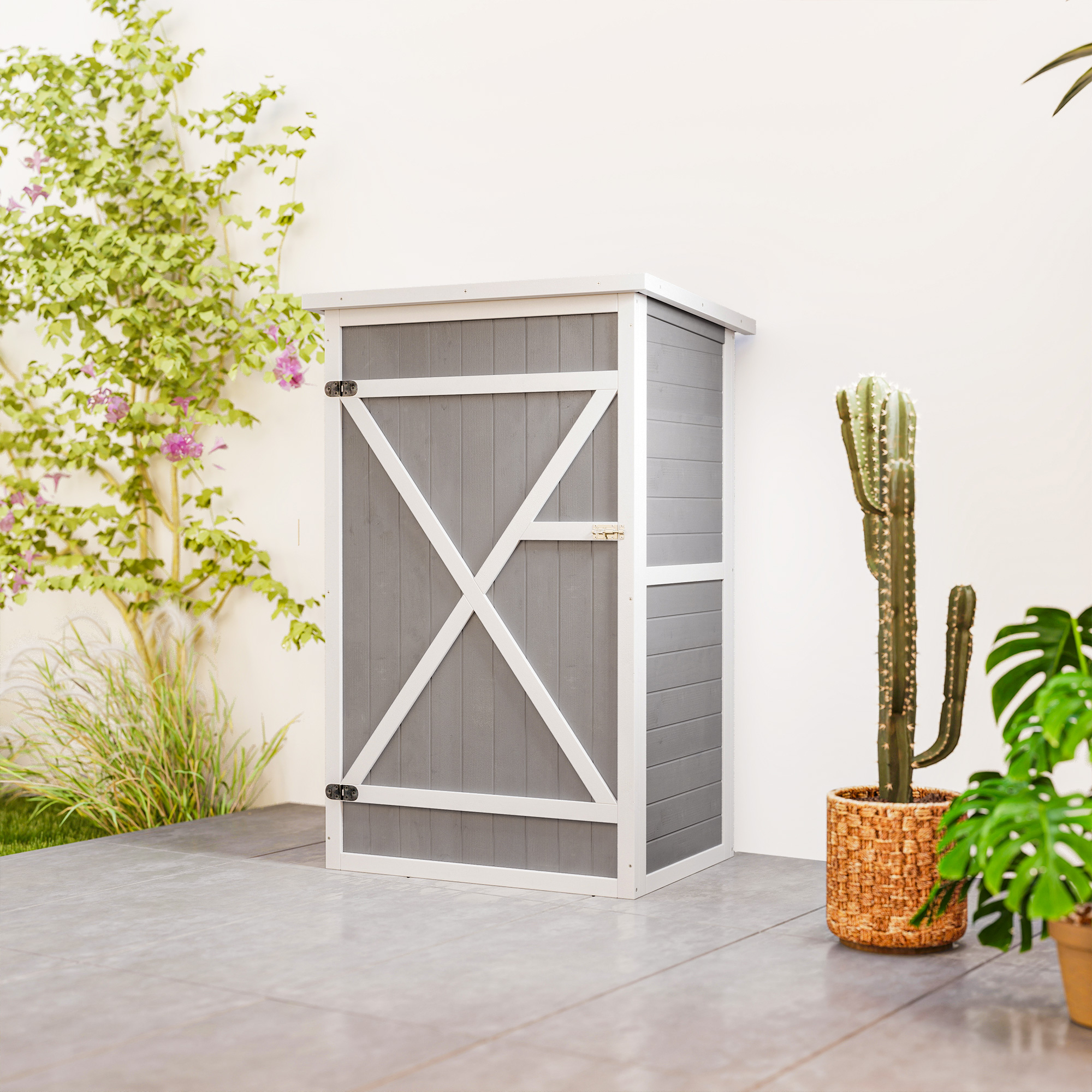 Outsunny Wooden Small Shed, Garden Storage Shed with Shelves and Bolt Latch, 75L x 56W x115H cm, Grey 9