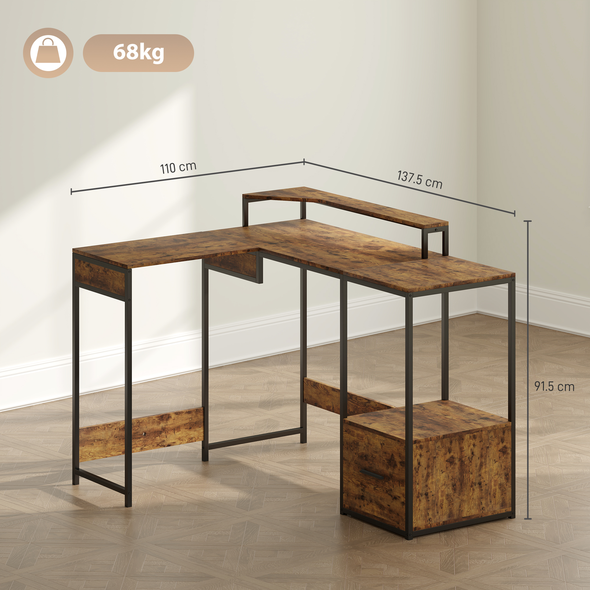 HOMCOM Industrial 'L' Shaped Multi-Work Desk Brown 3