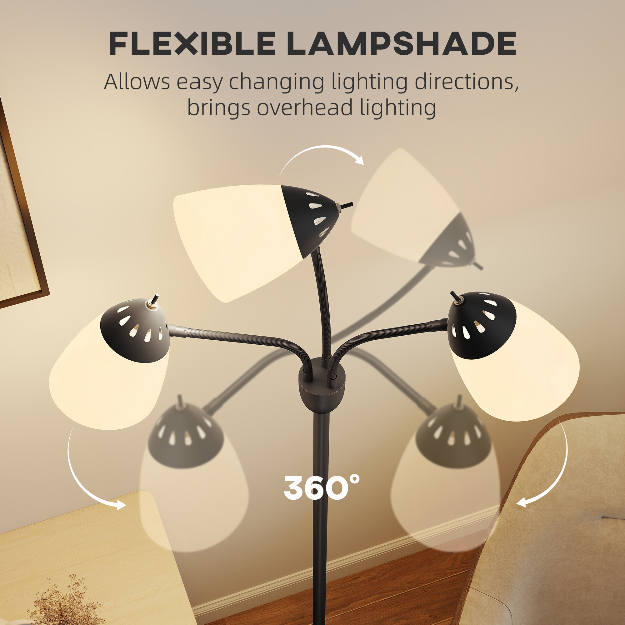 HOMCOM Arc Tree Floor Lamp with 3 Adjustable Rotating Lights and 3000K/4500K/6500K Colour Temperatures, Industrial Standing Lamp with Steel Frame for Bedroom Living Room, 155cm, Black 6