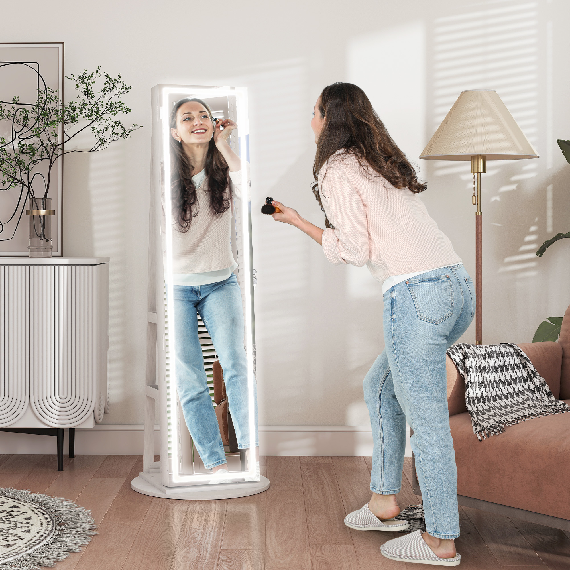 HOMCOM Storage Jewellery Cabinet, with Mirror and Lights White 2