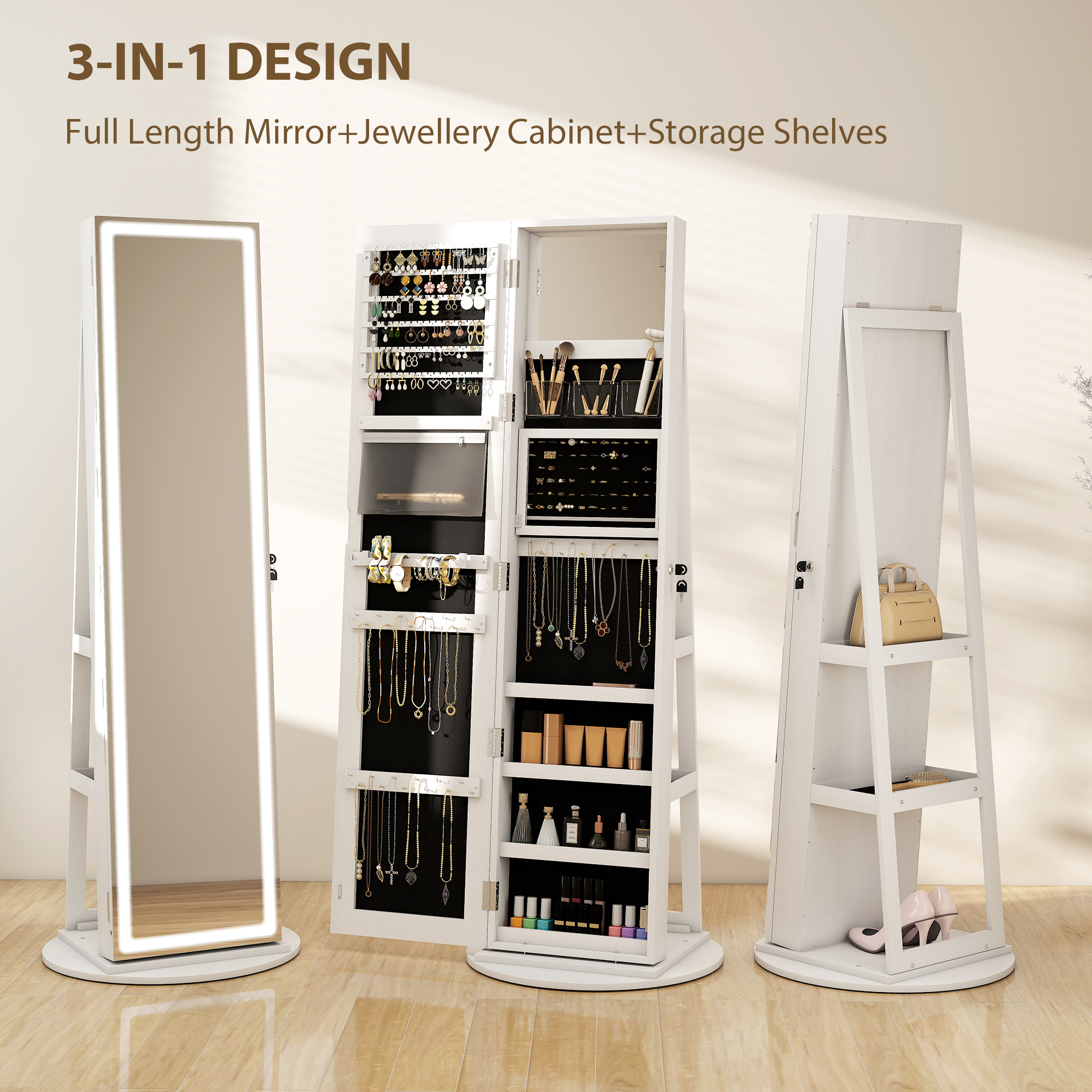 HOMCOM Storage Jewellery Cabinet, with Mirror and Lights White 4