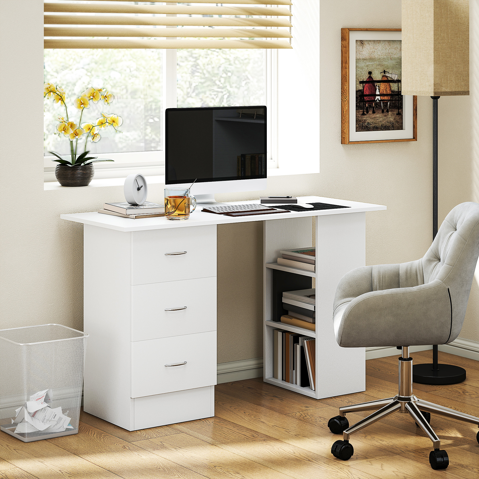 HOMCOM Computer Desk, Writing Table, PC Workstation with 3 Storage Shelves and Drawers, Silver Handle, for Home Office, White 2