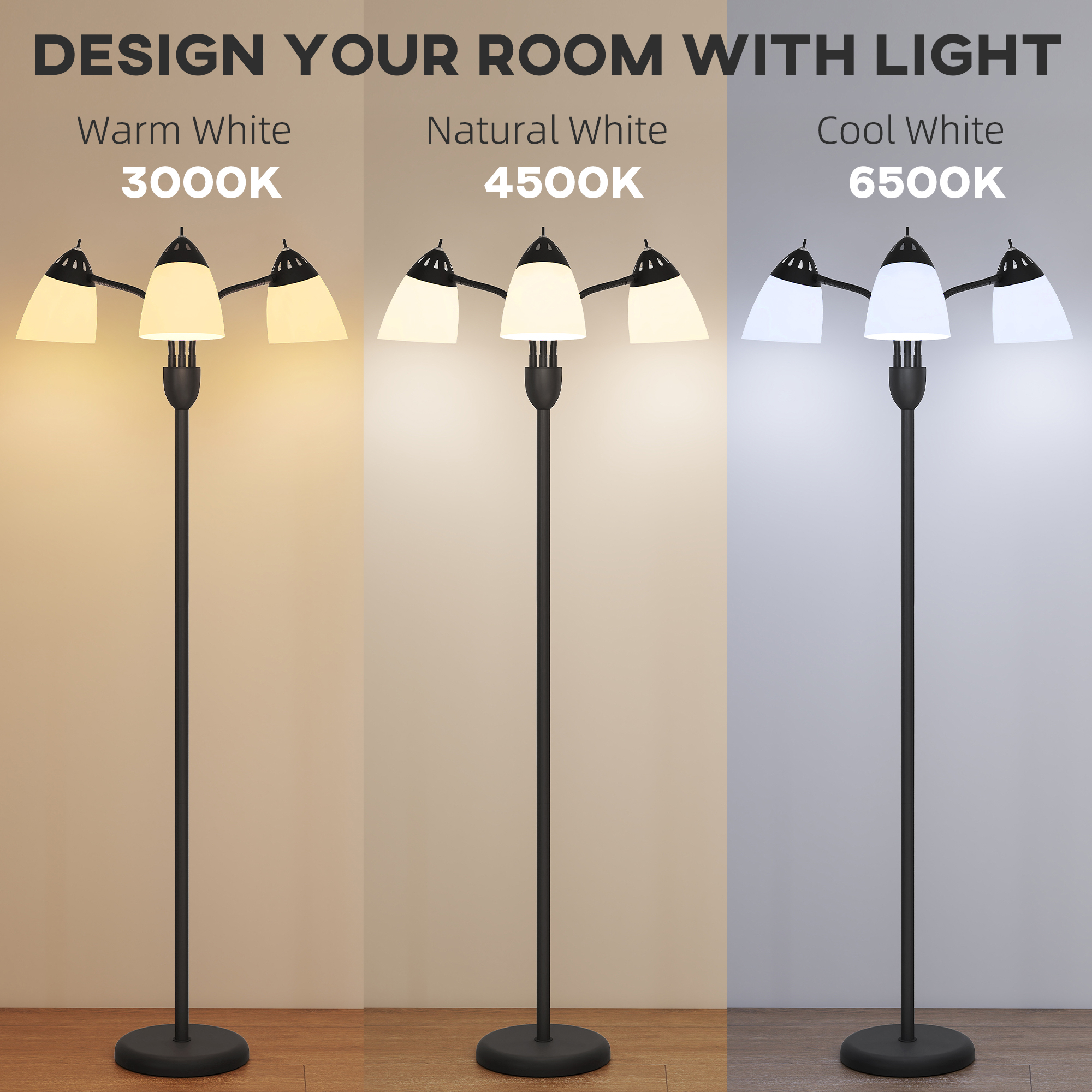 HOMCOM Arc Tree Floor Lamp with 3 Adjustable Rotating Lights and 3000K/4500K/6500K Colour Temperatures, Industrial Standing Lamp with Steel Frame for Bedroom Living Room, 155cm, Black 4
