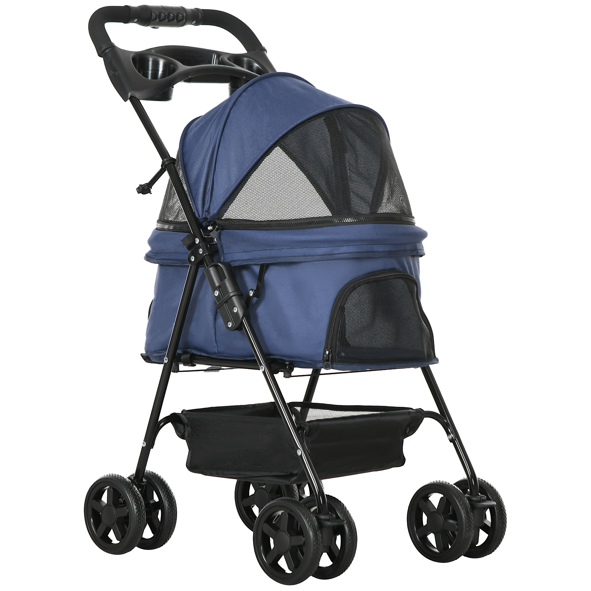 PawHut Carrito para Perros Pequeños con Ruedas Universales Cesta de Almacenaje Correas de Seguridad y Ventanas 67x45x96 cm Azul