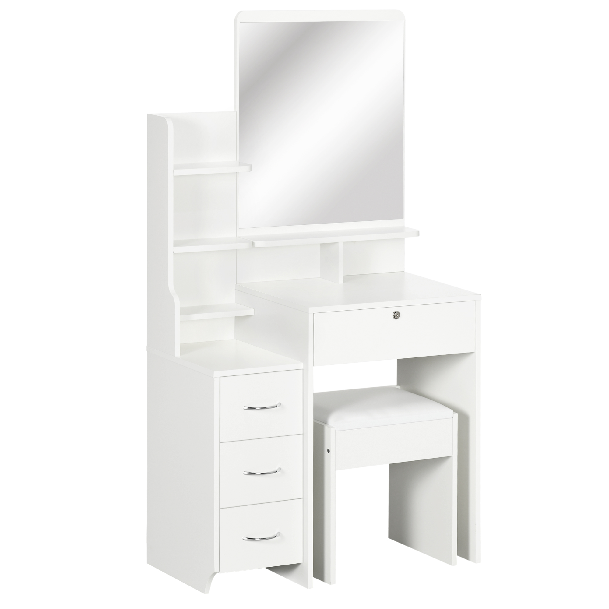 HOMCOM Set Toeletta Trucco Con Specchio E Sgabello Imbottito - Bianco, Con Cassetto, Ripiani Aperti E Armadio Con Mensola Regolabile, Sistema Anti-ribaltamento