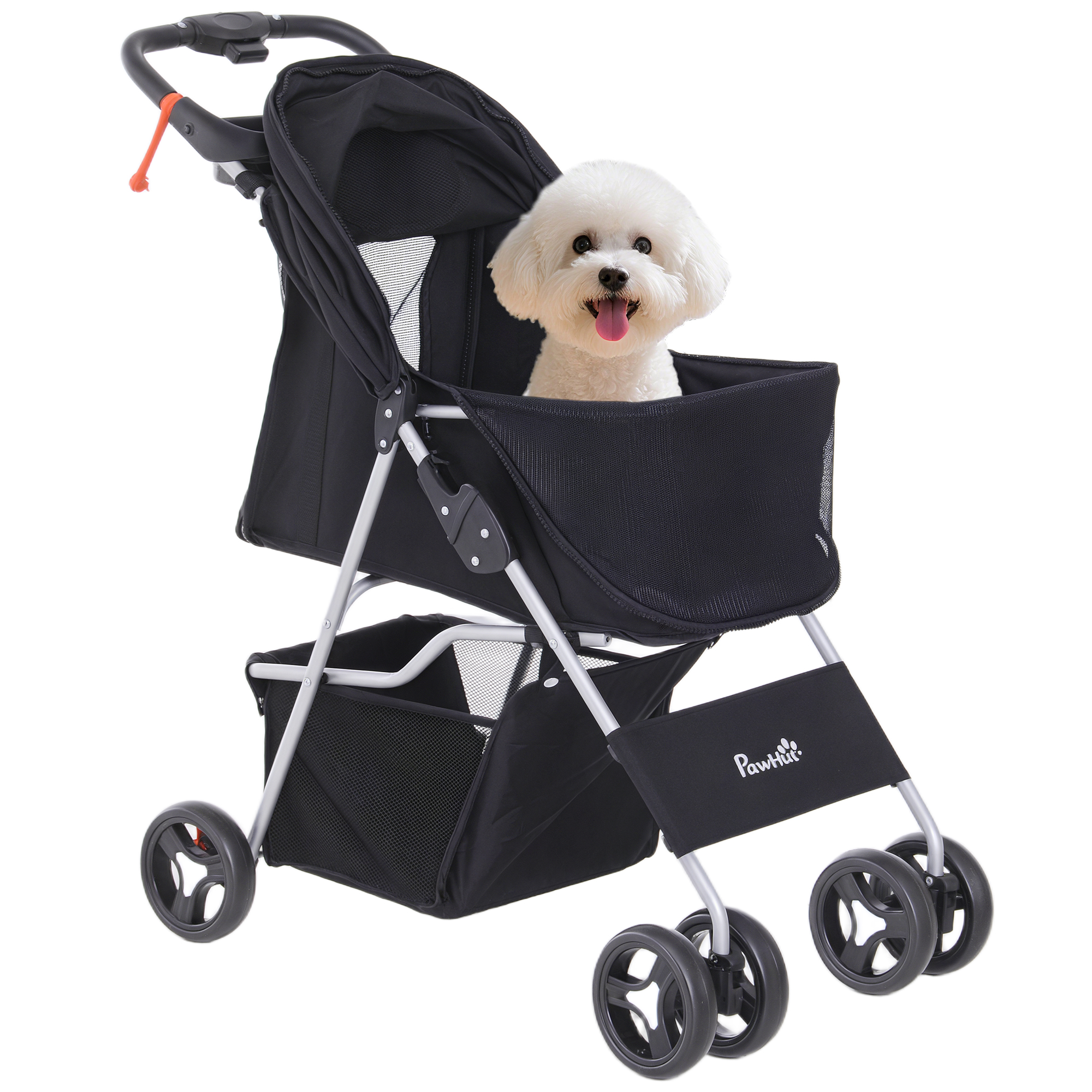 PawHut Cochecito para Mascotas Plegable con Toldo Ajustable Cesta de Almacenaje y Ruedas con Freno Tela Oxford 75x46x94 cm Negro | Aosom España