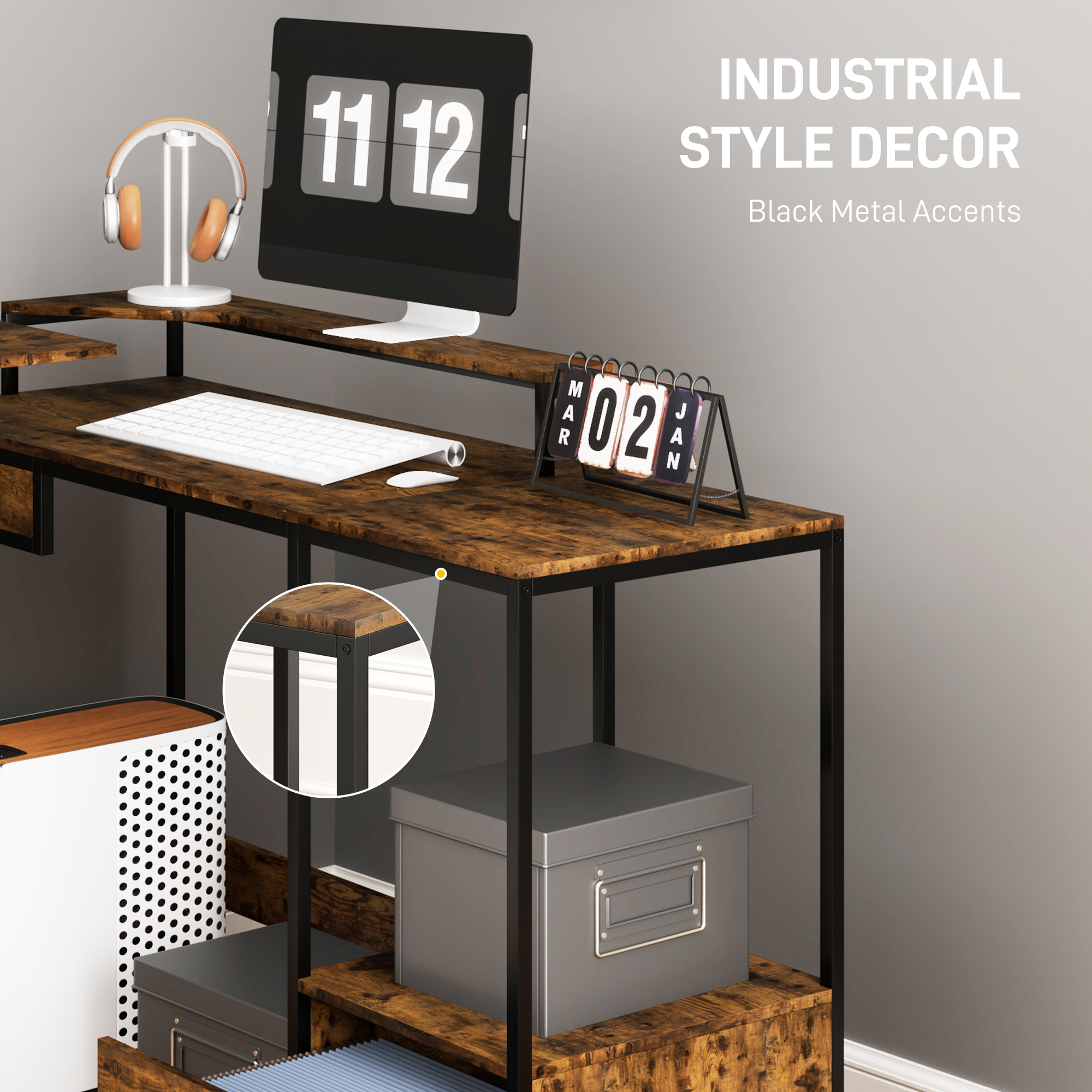 HOMCOM Industrial 'L' Shaped Multi-Work Desk Brown 6