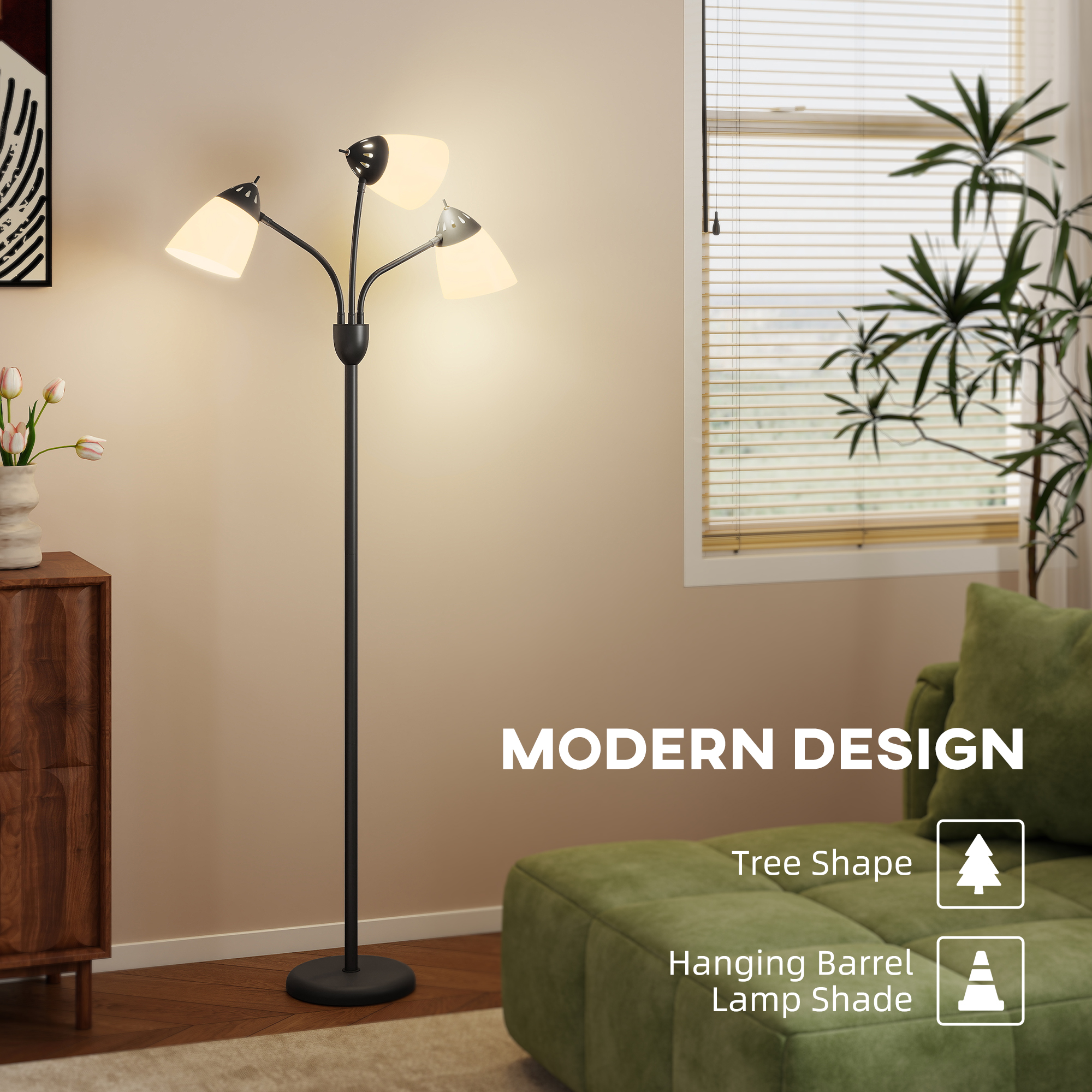HOMCOM Arc Tree Floor Lamp with 3 Adjustable Rotating Lights and 3000K/4500K/6500K Colour Temperatures, Industrial Standing Lamp with Steel Frame for Bedroom Living Room, 155cm, Black 5
